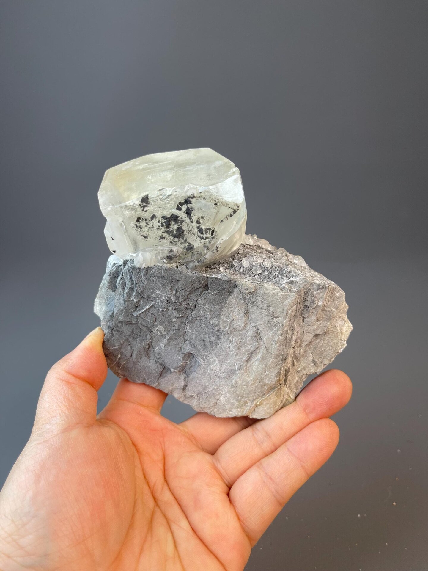 Rare yellow calcite in spherical habit on contrasting gray matrix