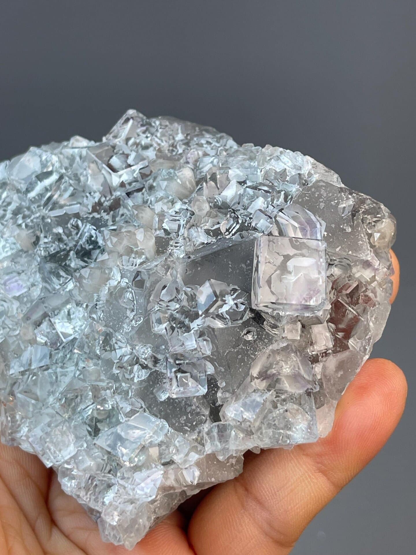 Transparent fluorite cluster measuring 3.4×3.2×1.2 inches