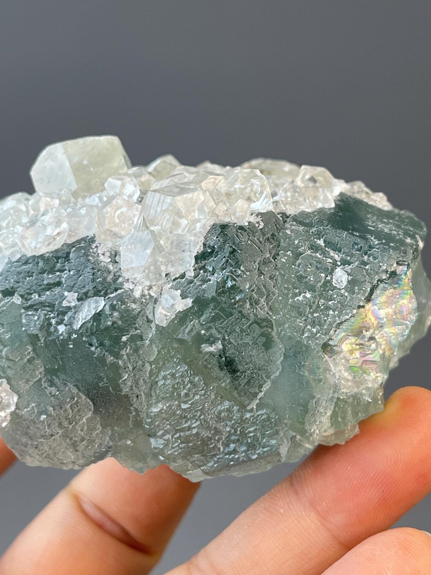 Fluorite and calcite flower specimen measuring 3.0×2.6×1.7 inches