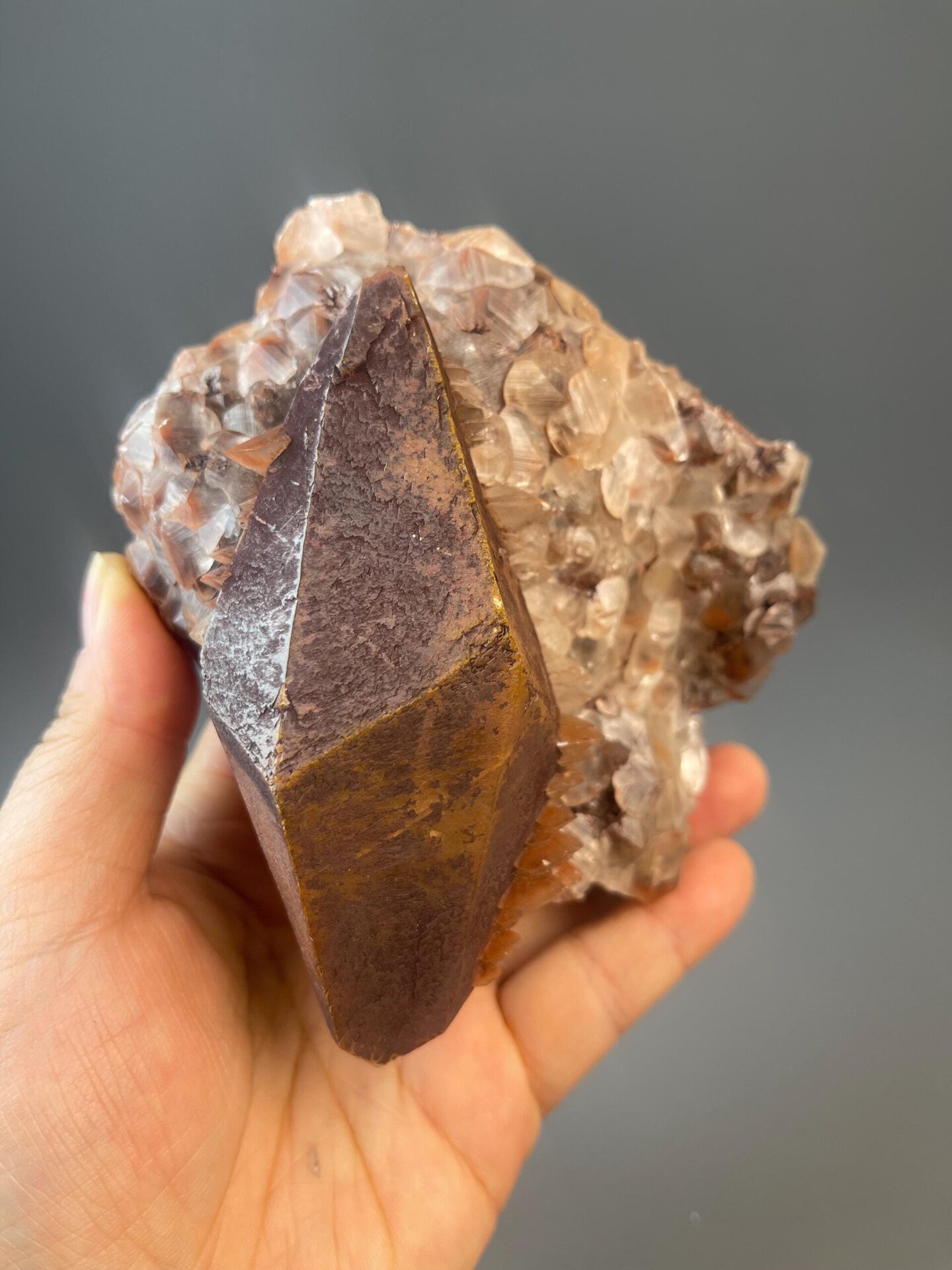 Deep red calcite specimen measuring 5.0×4.9×2.2 inches