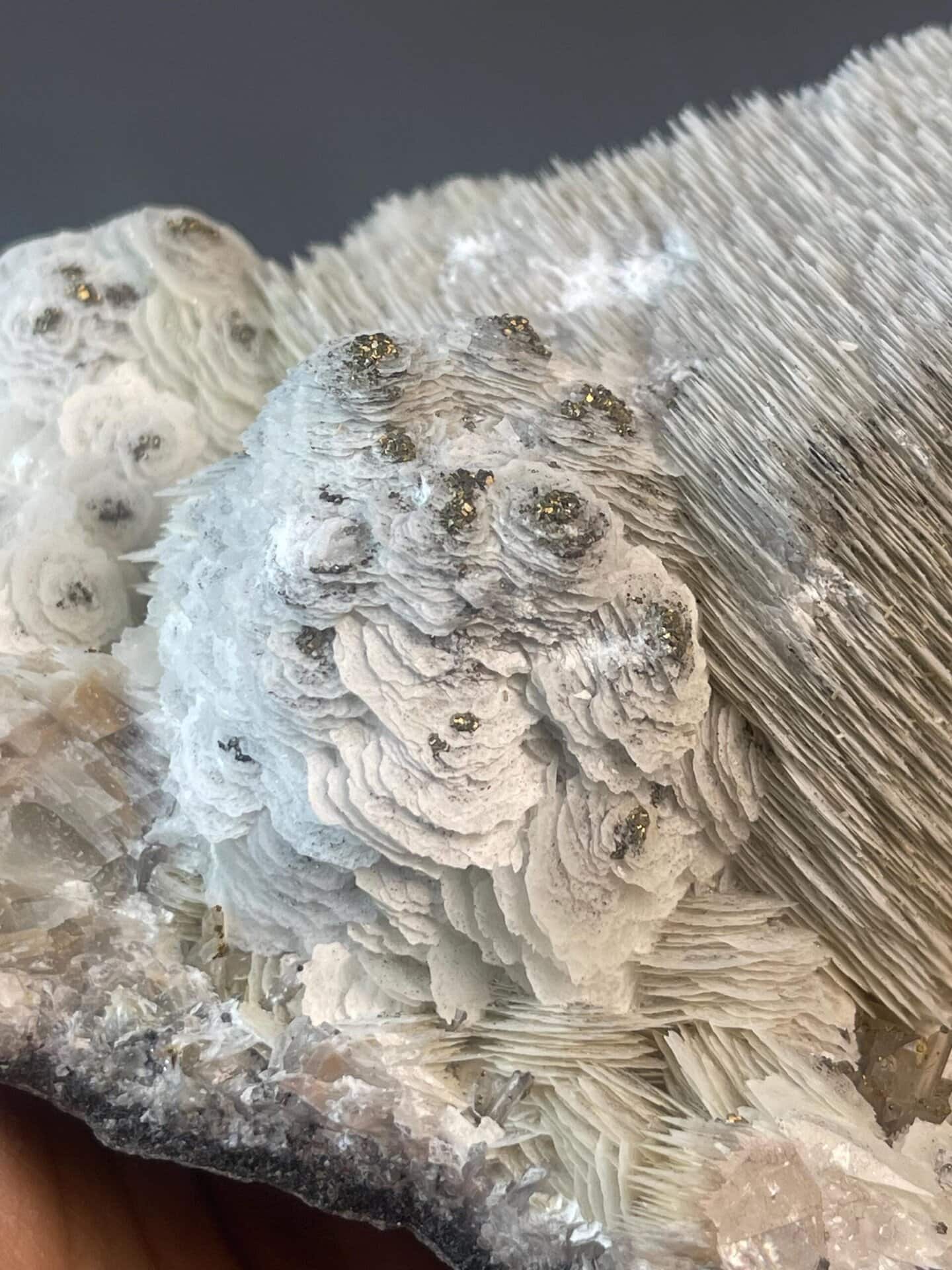 Calcite with flower-like petal habit and associated pyrite