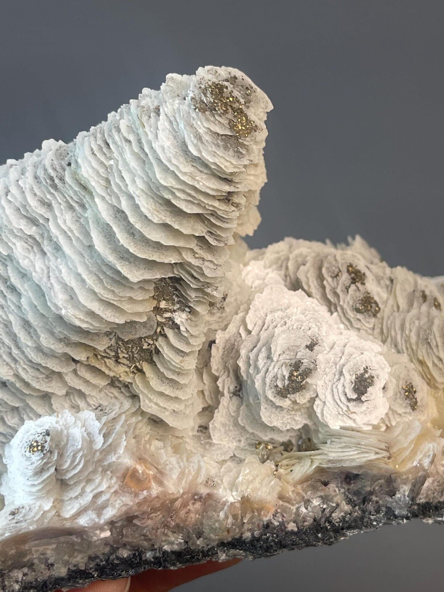 Large display petal calcite cluster with pyrite from China
