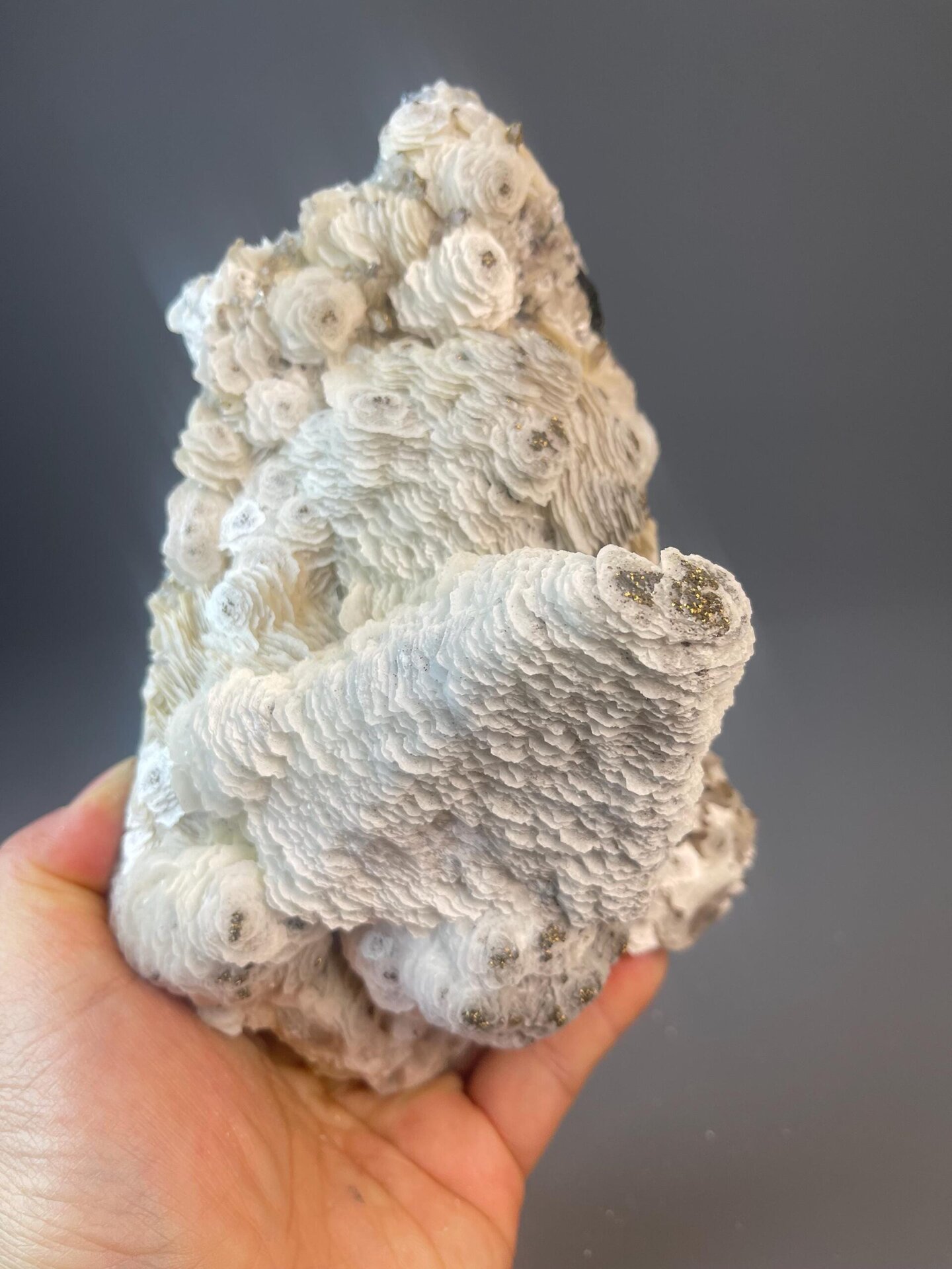 Petal calcite cluster with pyrite accents from Zhejiang, China