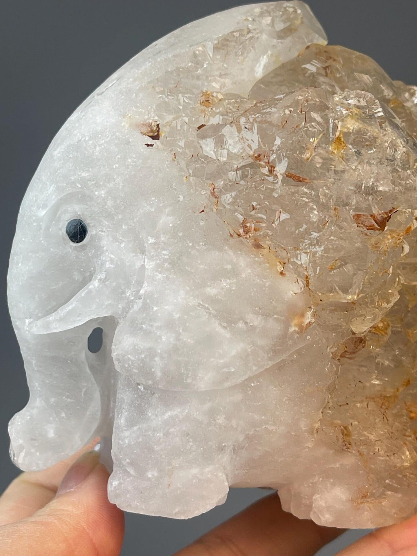 Hand-carved elephant figurine from natural white quartz