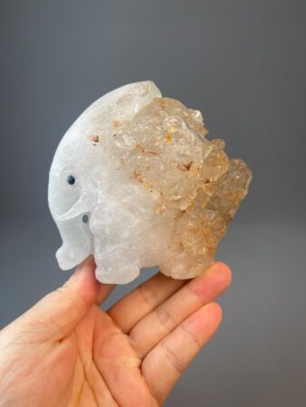 White Quartz Elephant Sculpture - Hand Carved - Natural Crystal - Decorative Art Piece