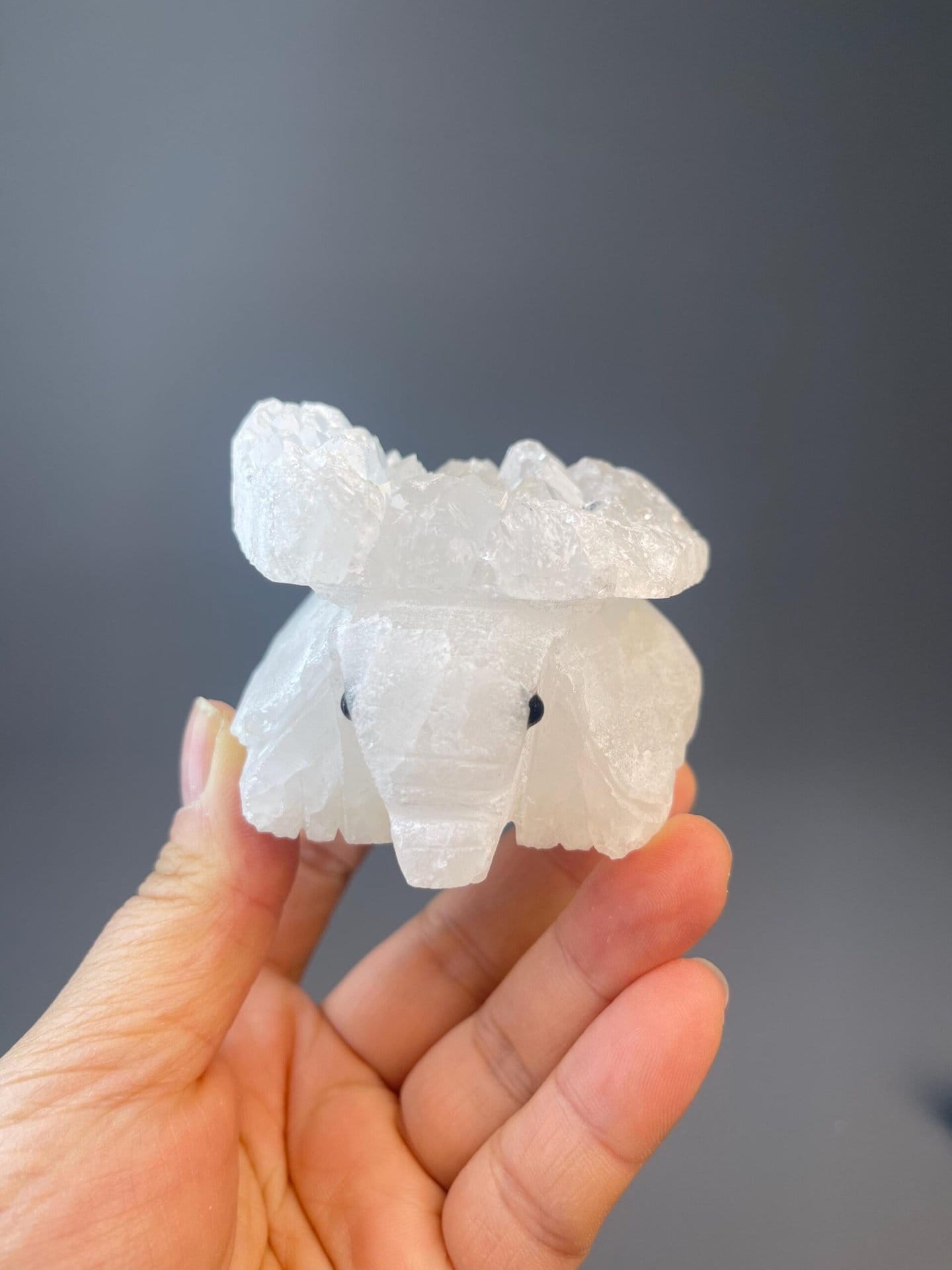 Hand-carved clear quartz elephant figurine with black onyx eyes
