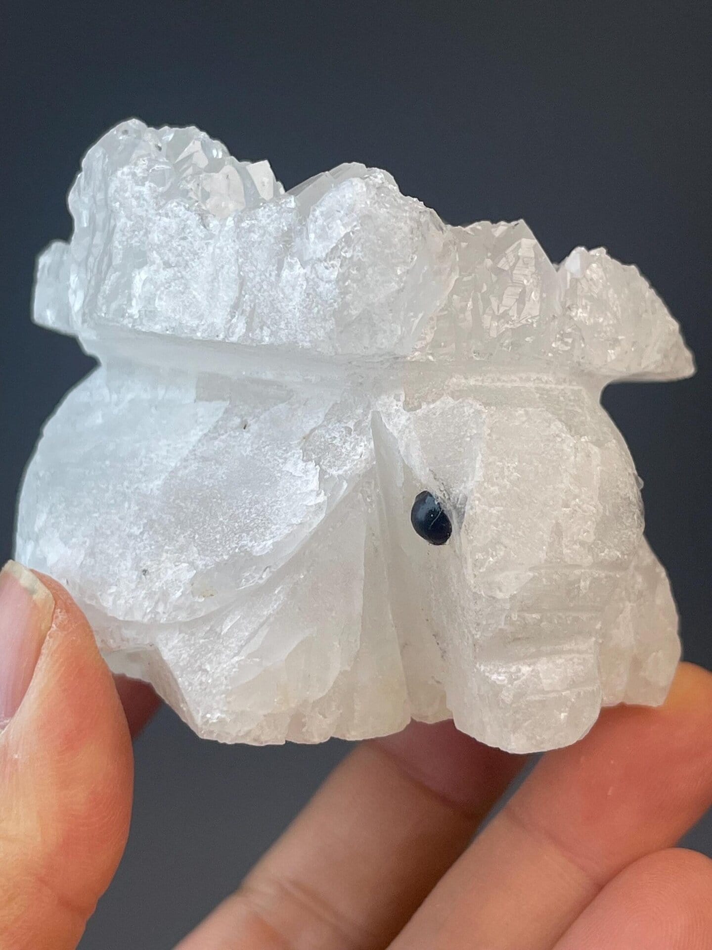 Clear quartz elephant figurine measuring 2.6×2.5×2.0 inches