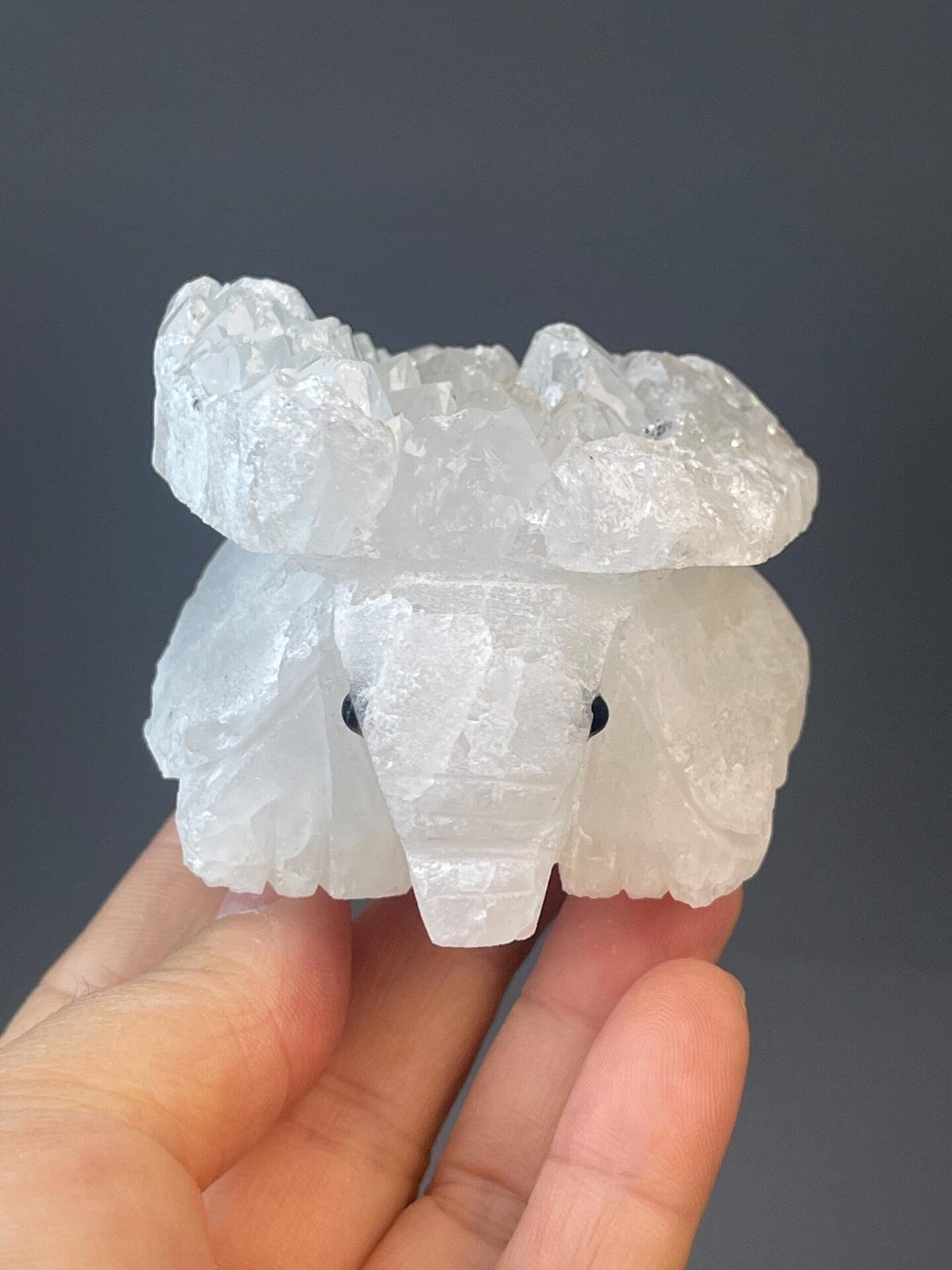 Collector quartz elephant carving with onyx eye detail