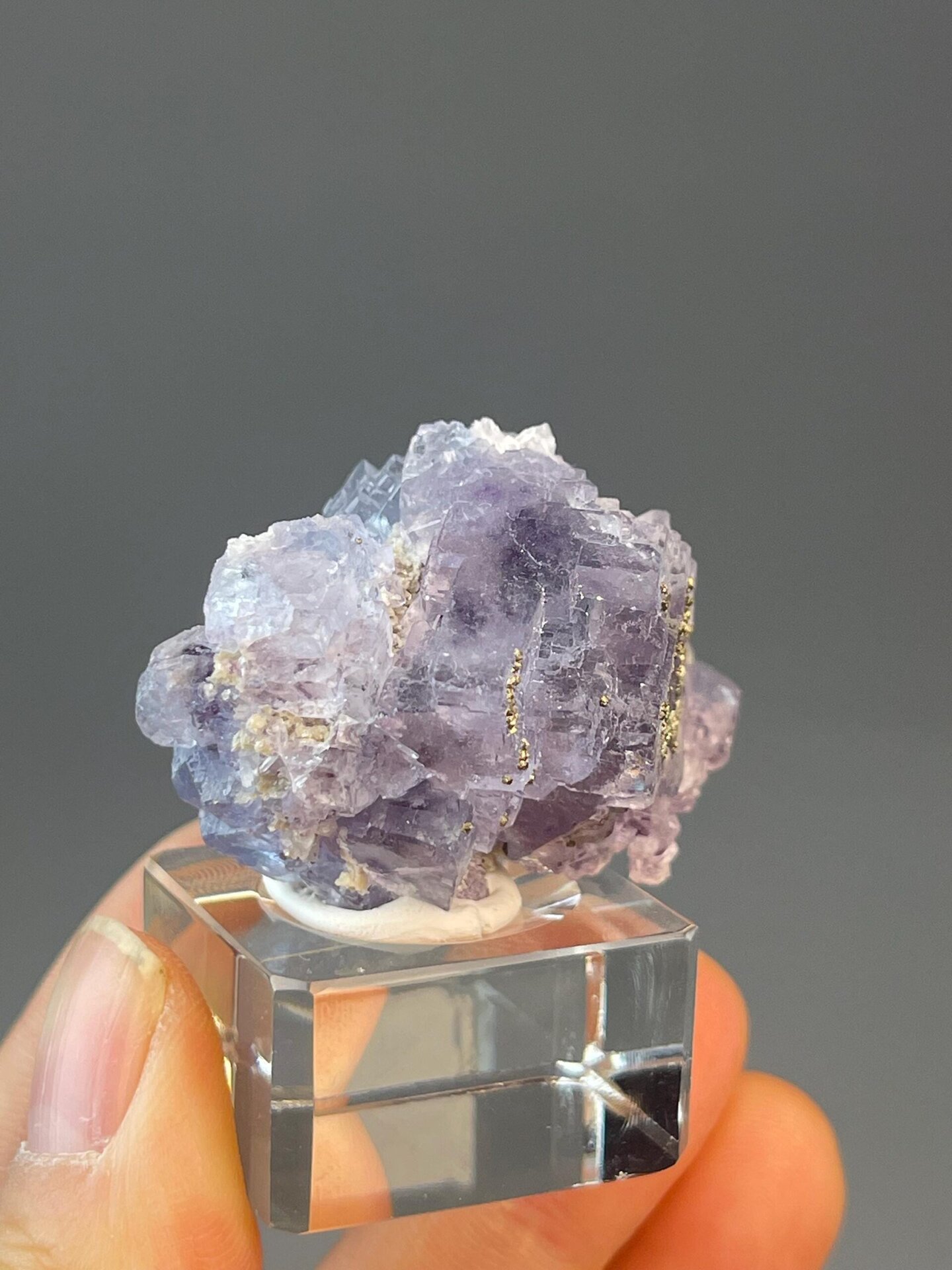 Purple fluorite and pyrite specimen measuring 1.1×1.8×1.2 inches