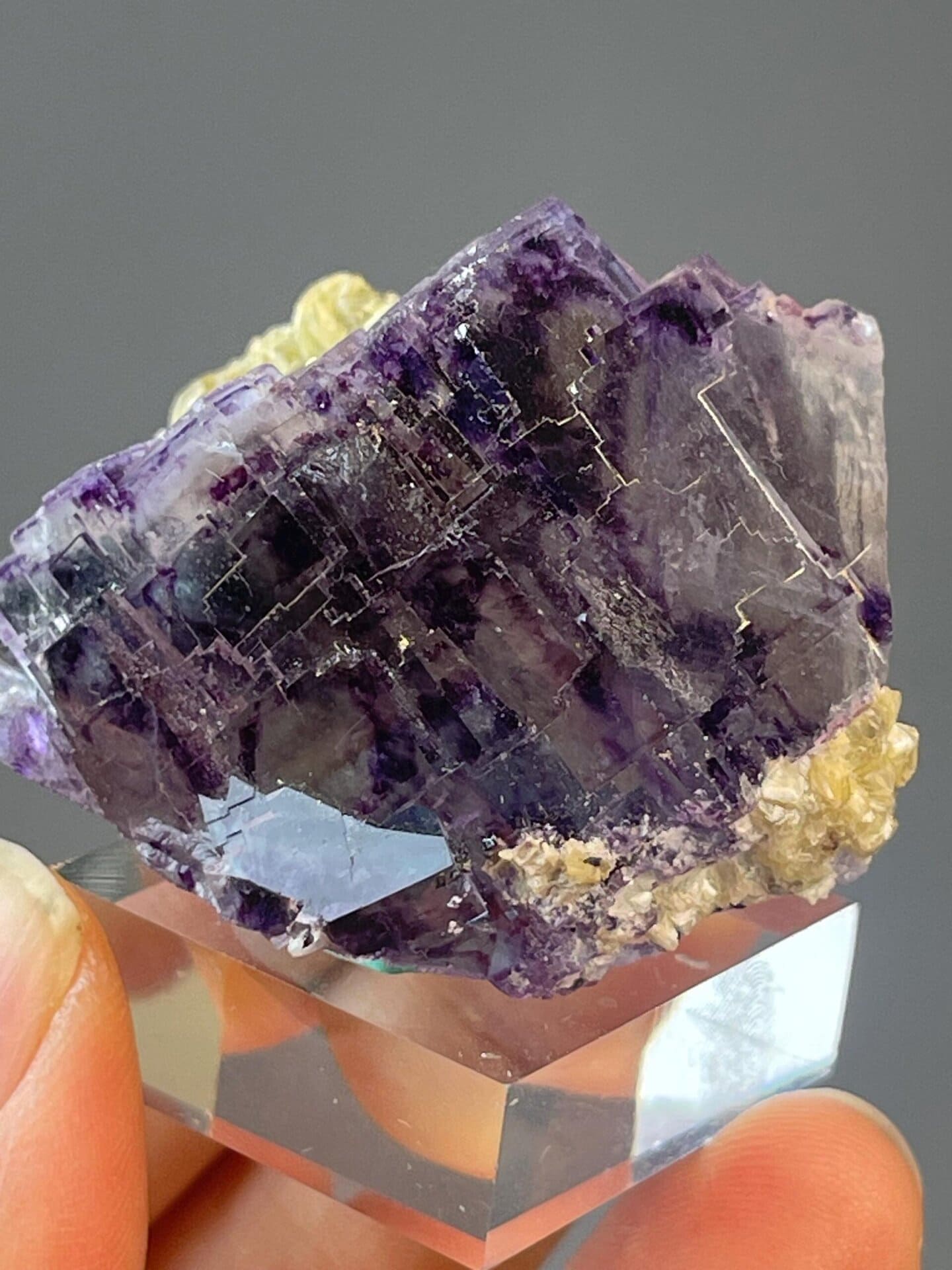 Fluorite with deep purple phantom on white dolomite matrix