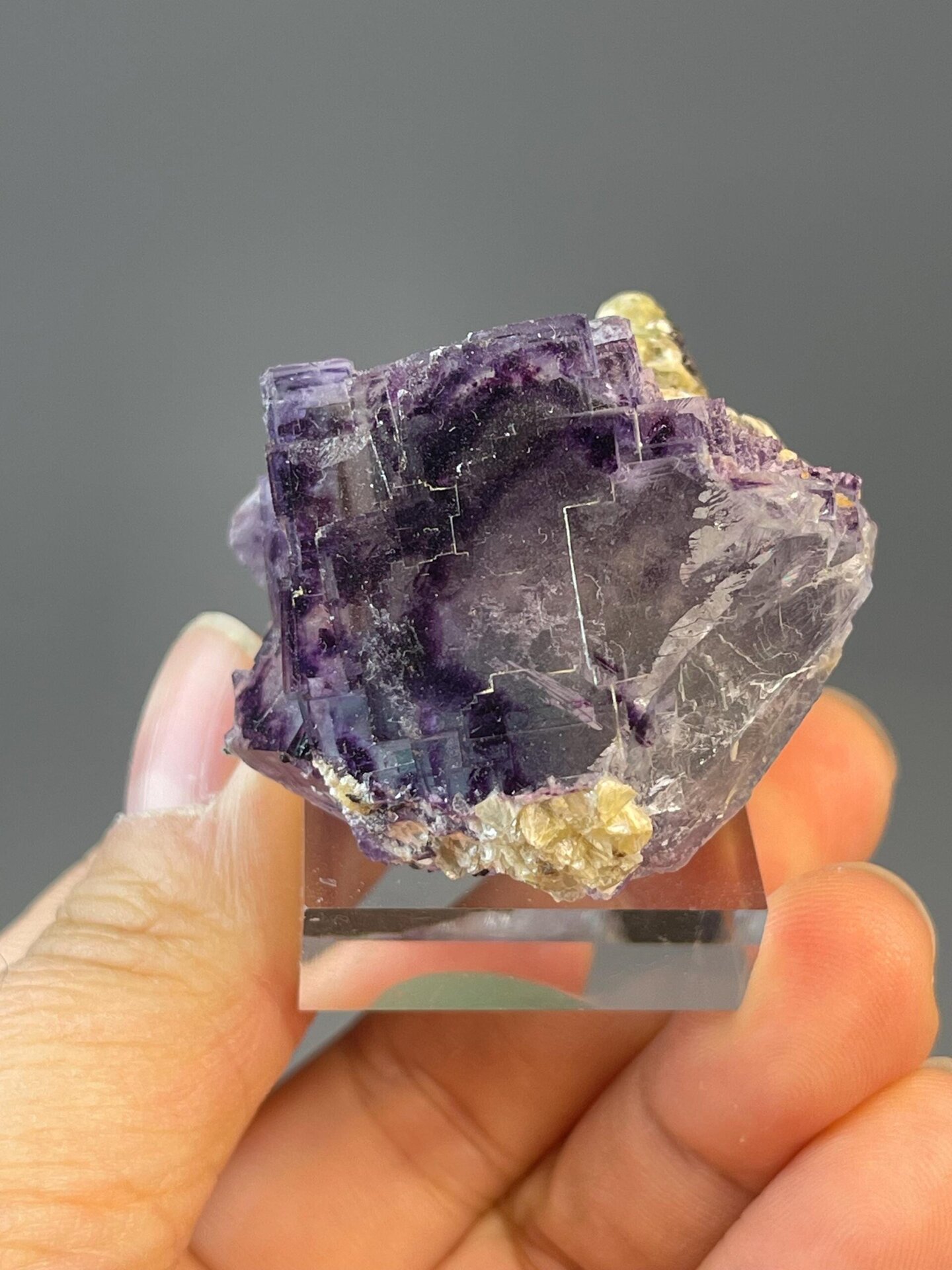 Purple fluorite with mountain-form phantom visible in crystal