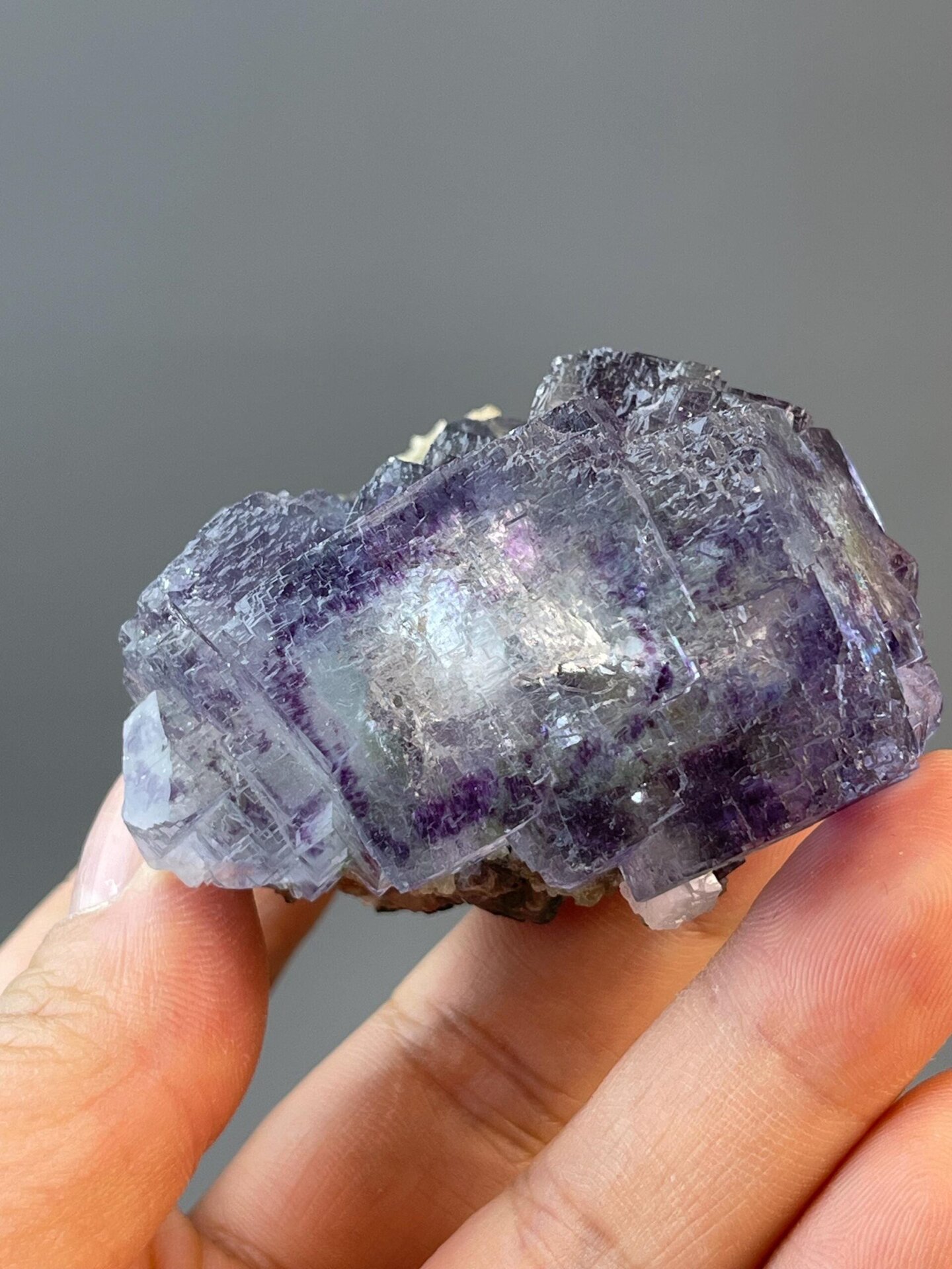 Front view of purple-blue stepped fluorite from Yaogangxian