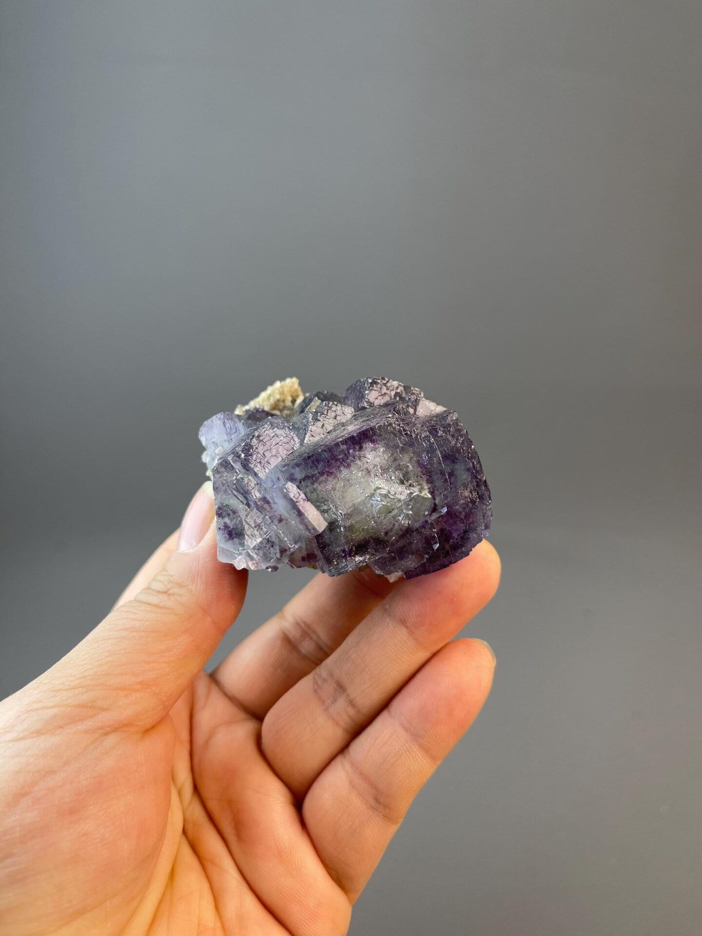 Close-up of stepped growth layers on fluorite specimen