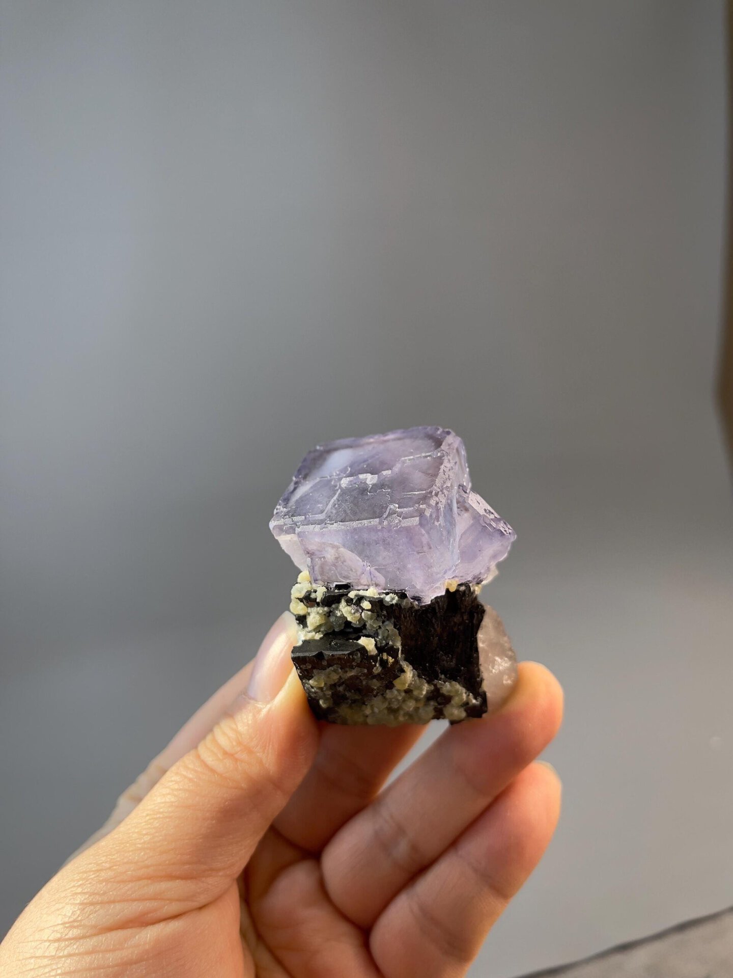 Top view of purple fluorite twin crystal formation