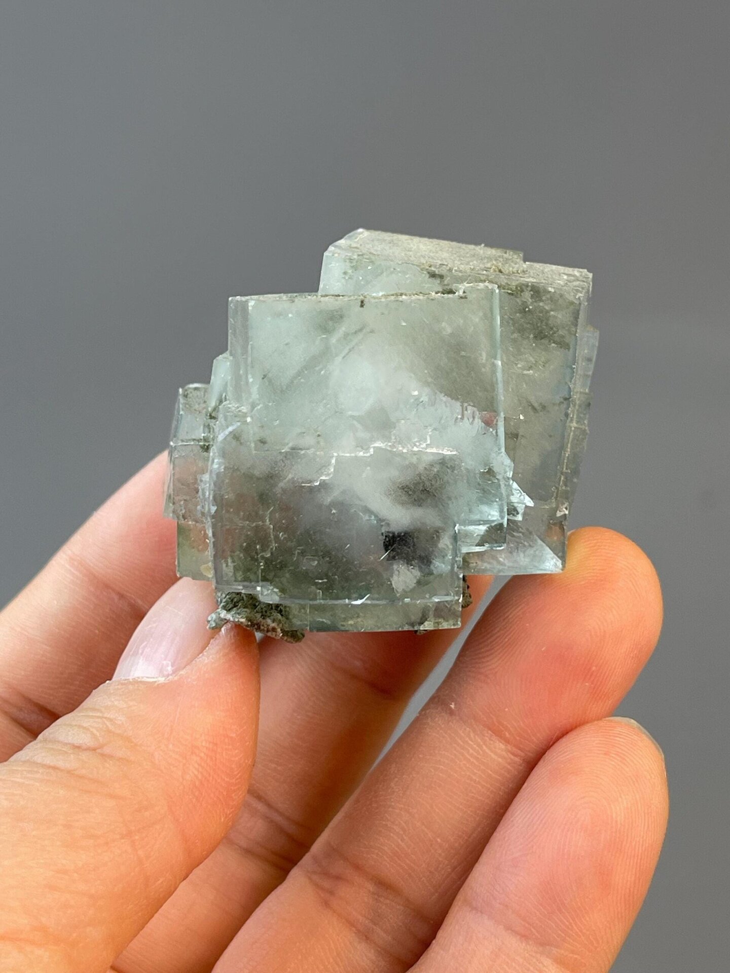 Back view of light green twin fluorite specimen