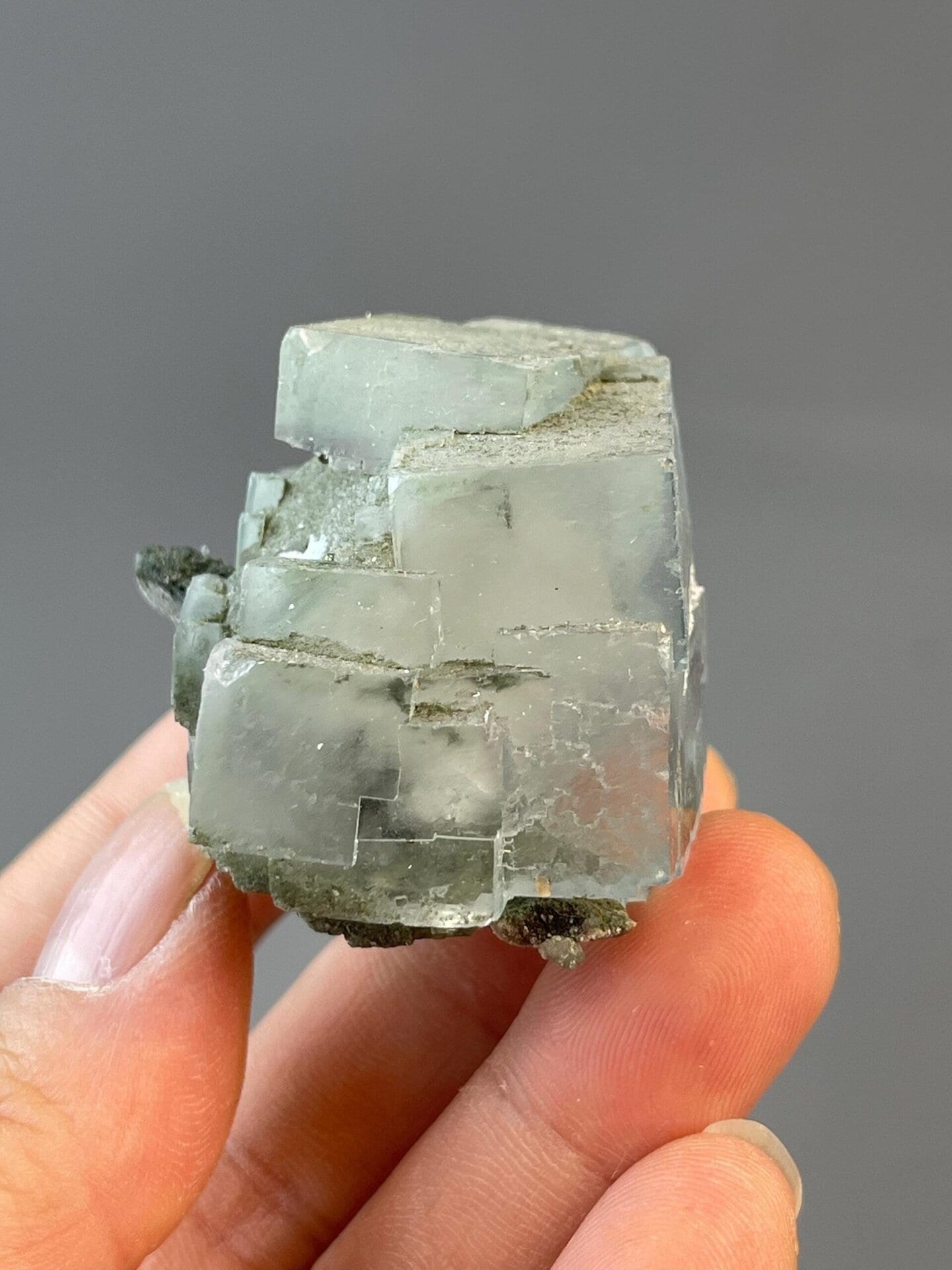 Scale reference of light green twin fluorite specimen