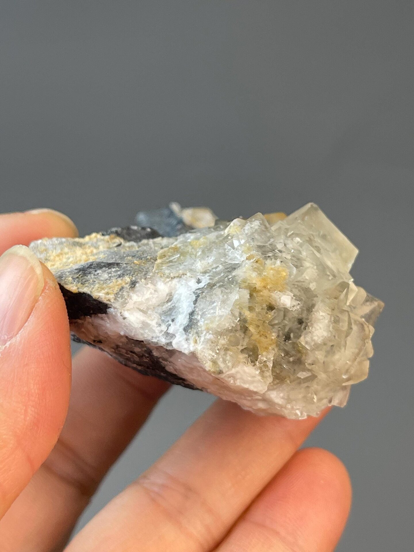 Scale reference of transparent fluorite cube specimen