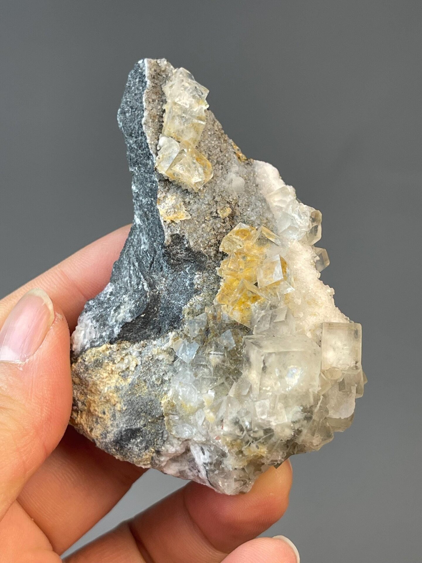 High-clarity cubic fluorite crystal showing transparency