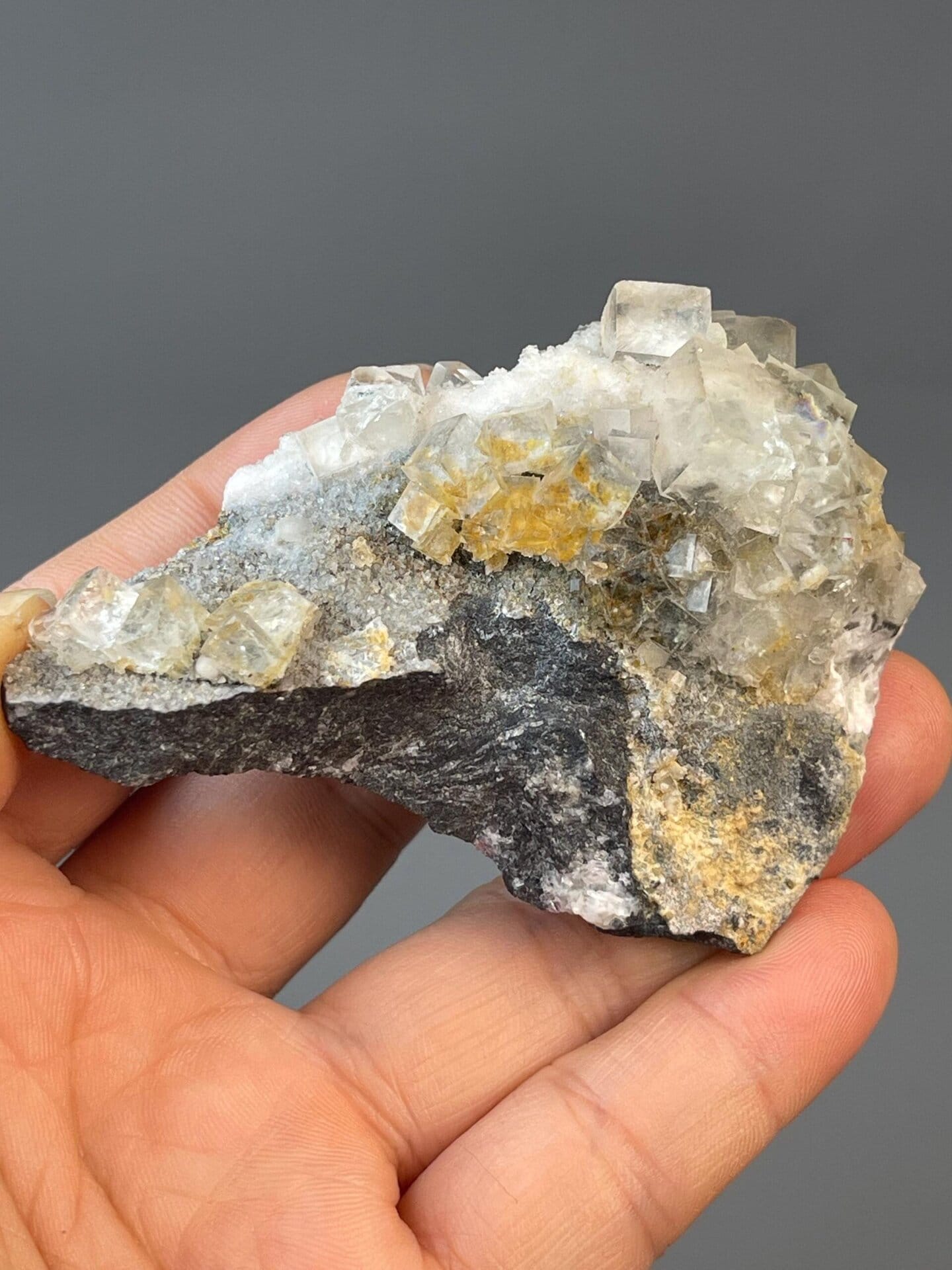 Front view of transparent fluorite cube from Xianghualing