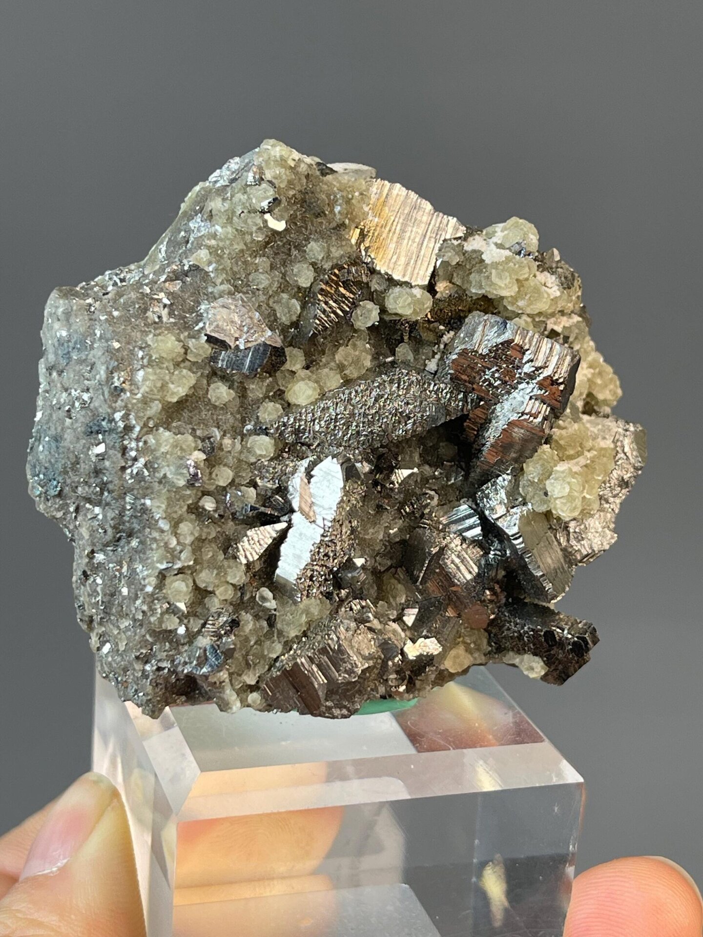 Brassy iridescent chalcopyrite with cubic pyrite crystals