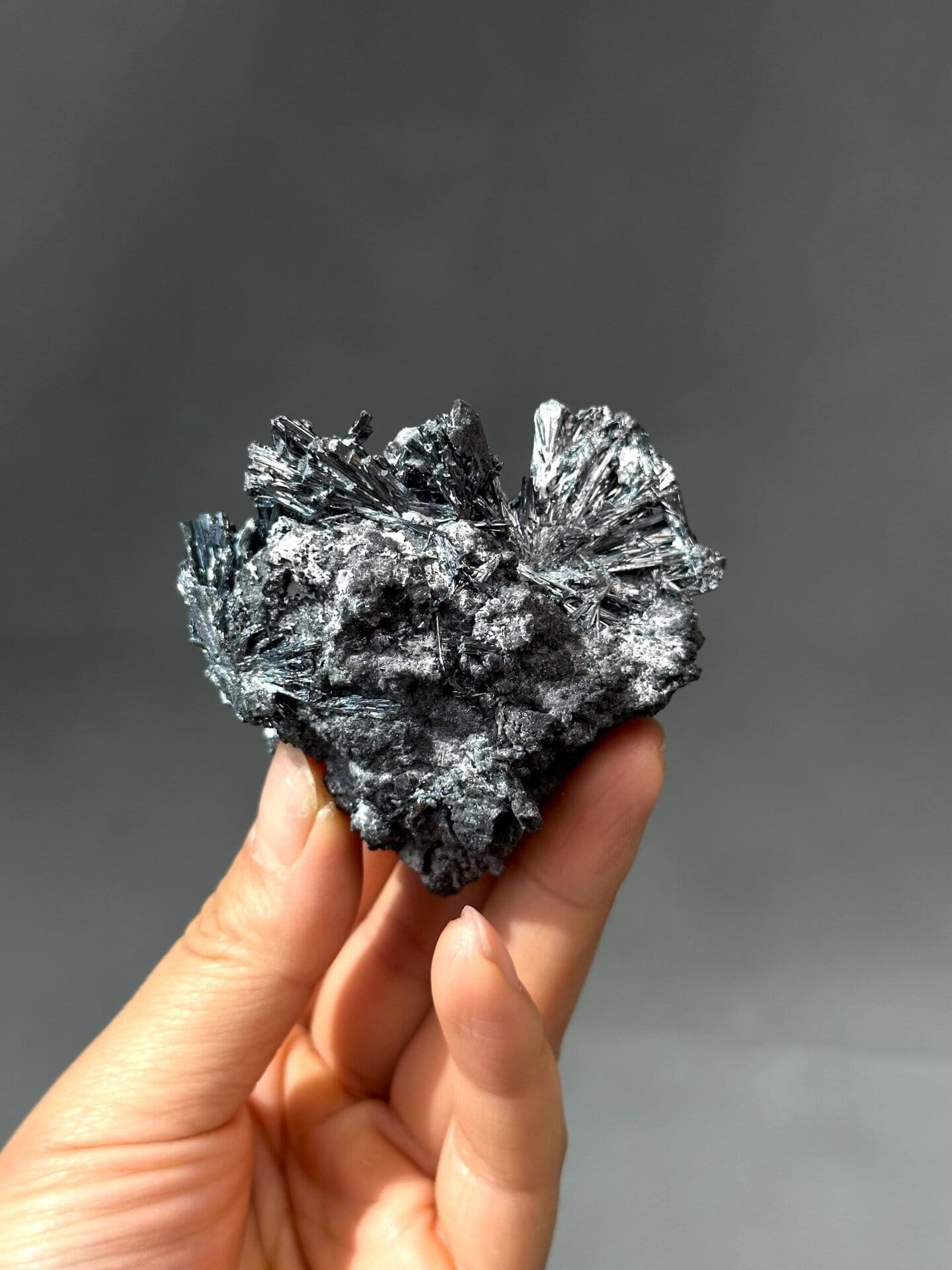 Top view of stibnite blade cluster specimen