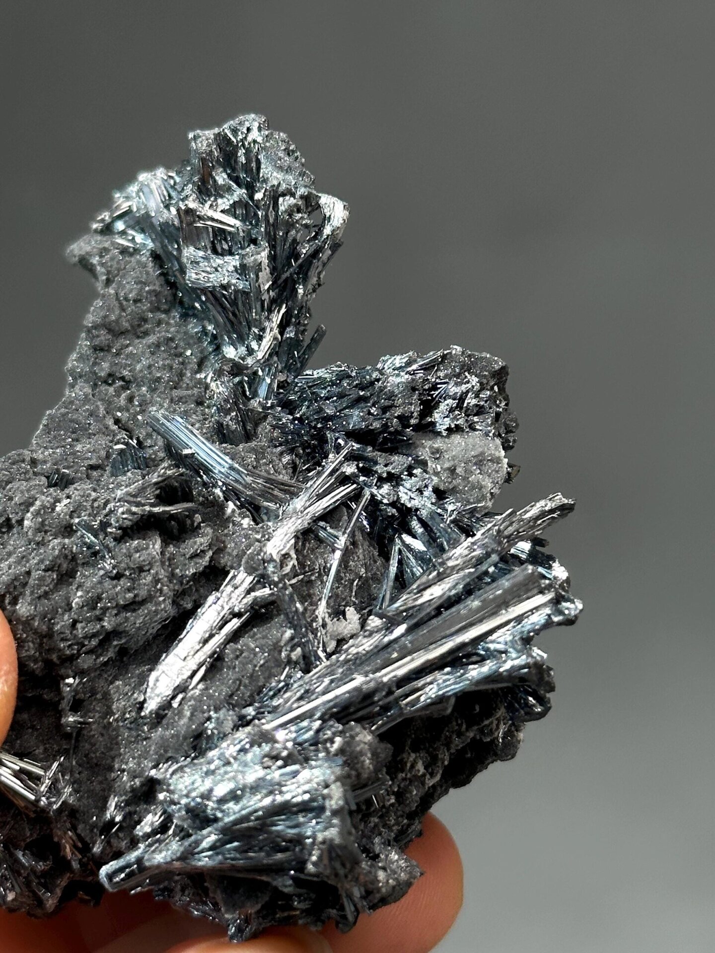 Stibnite metallic luster and striation detail
