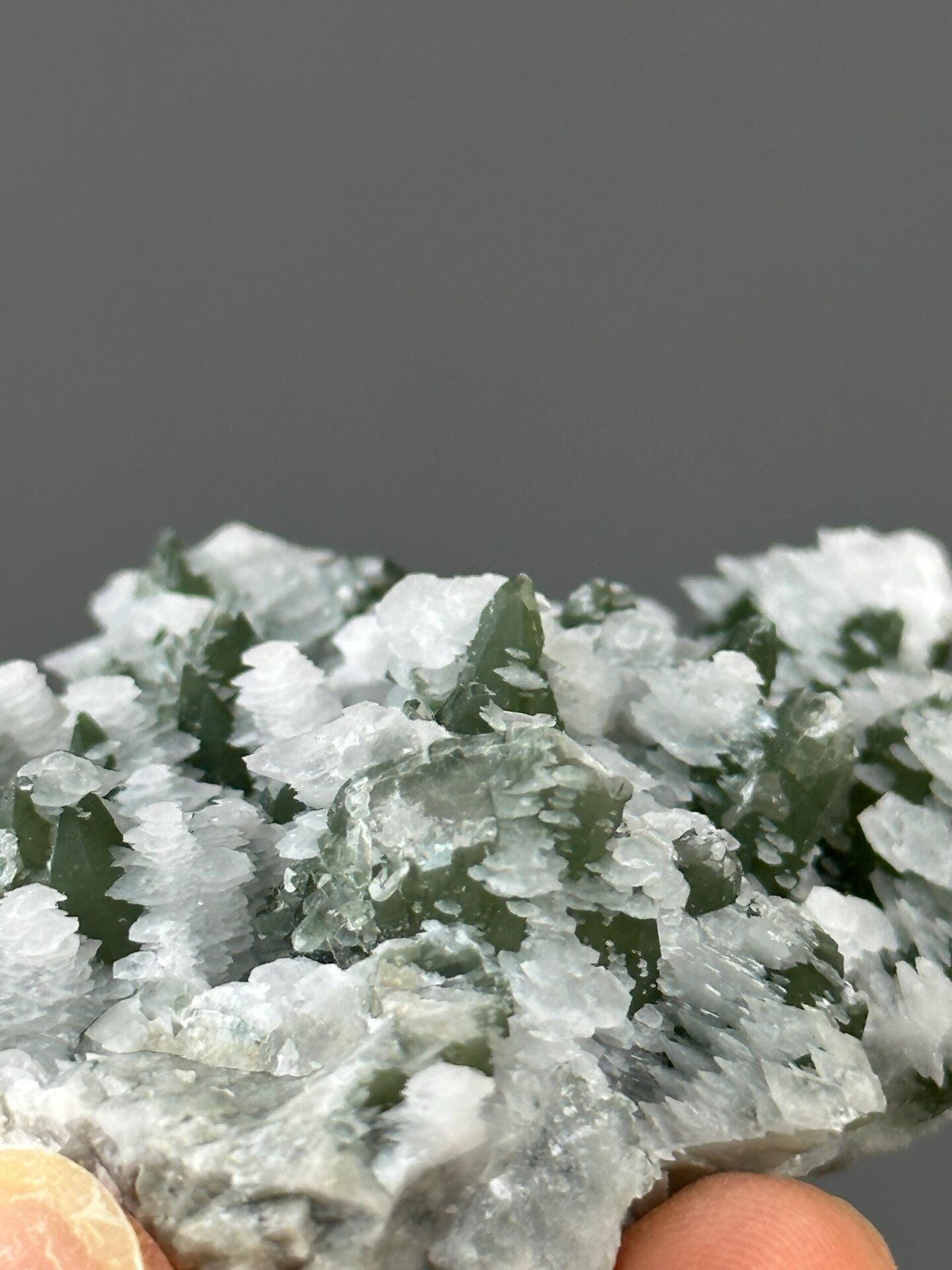 Full view of flower calcite green quartz specimen