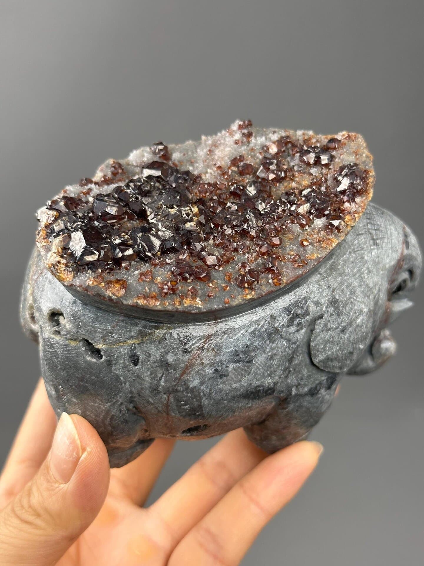 Top view of carved garnet elephant sculpture