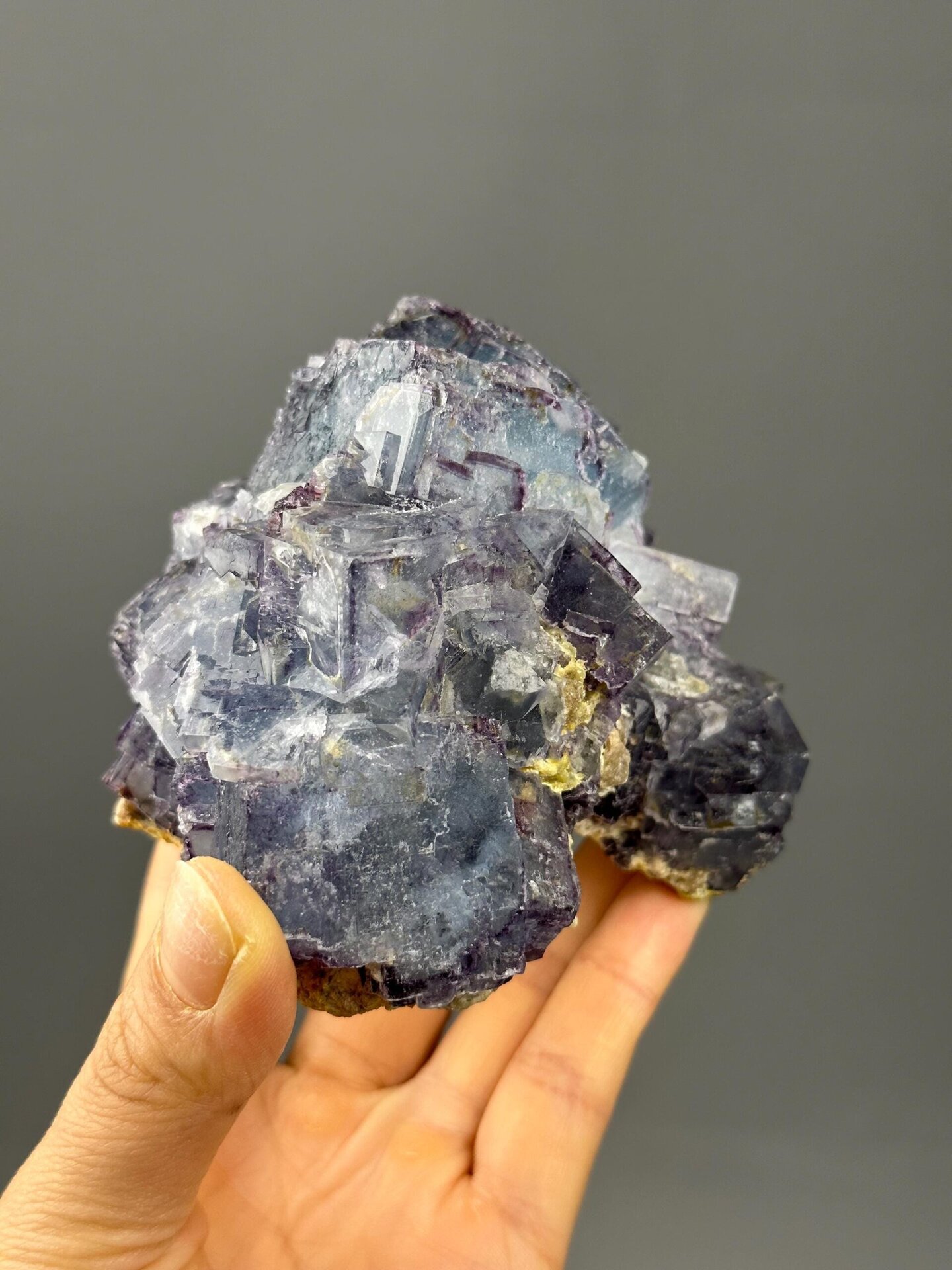 Top view of etched fluorite twin crystal pair