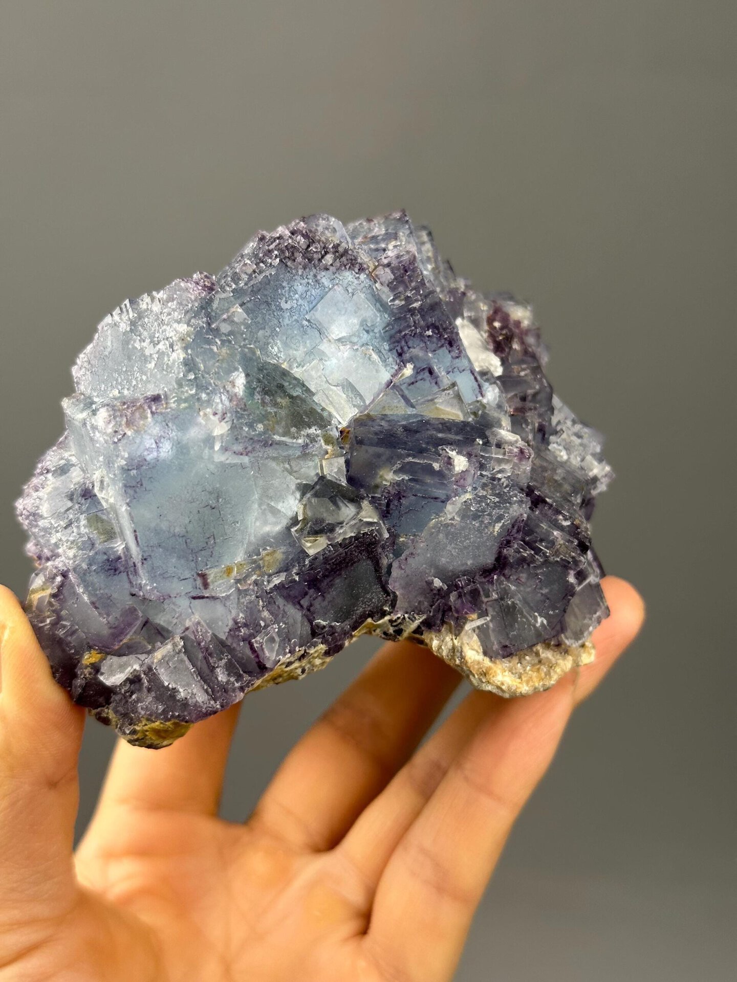 Purple-blue coloration detail on etched fluorite twin