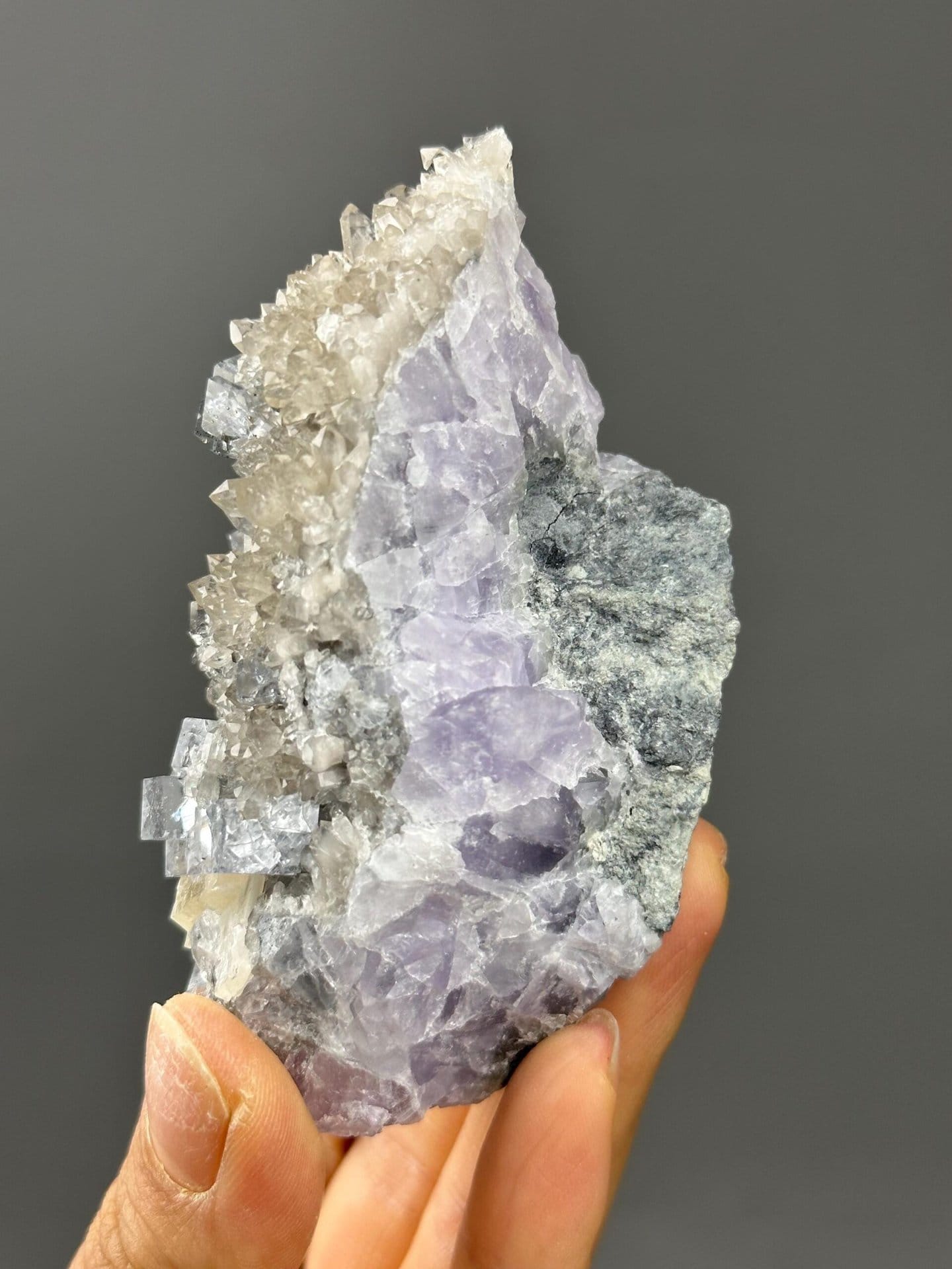 Side view of sky-blue fluorite Xianghualing specimen