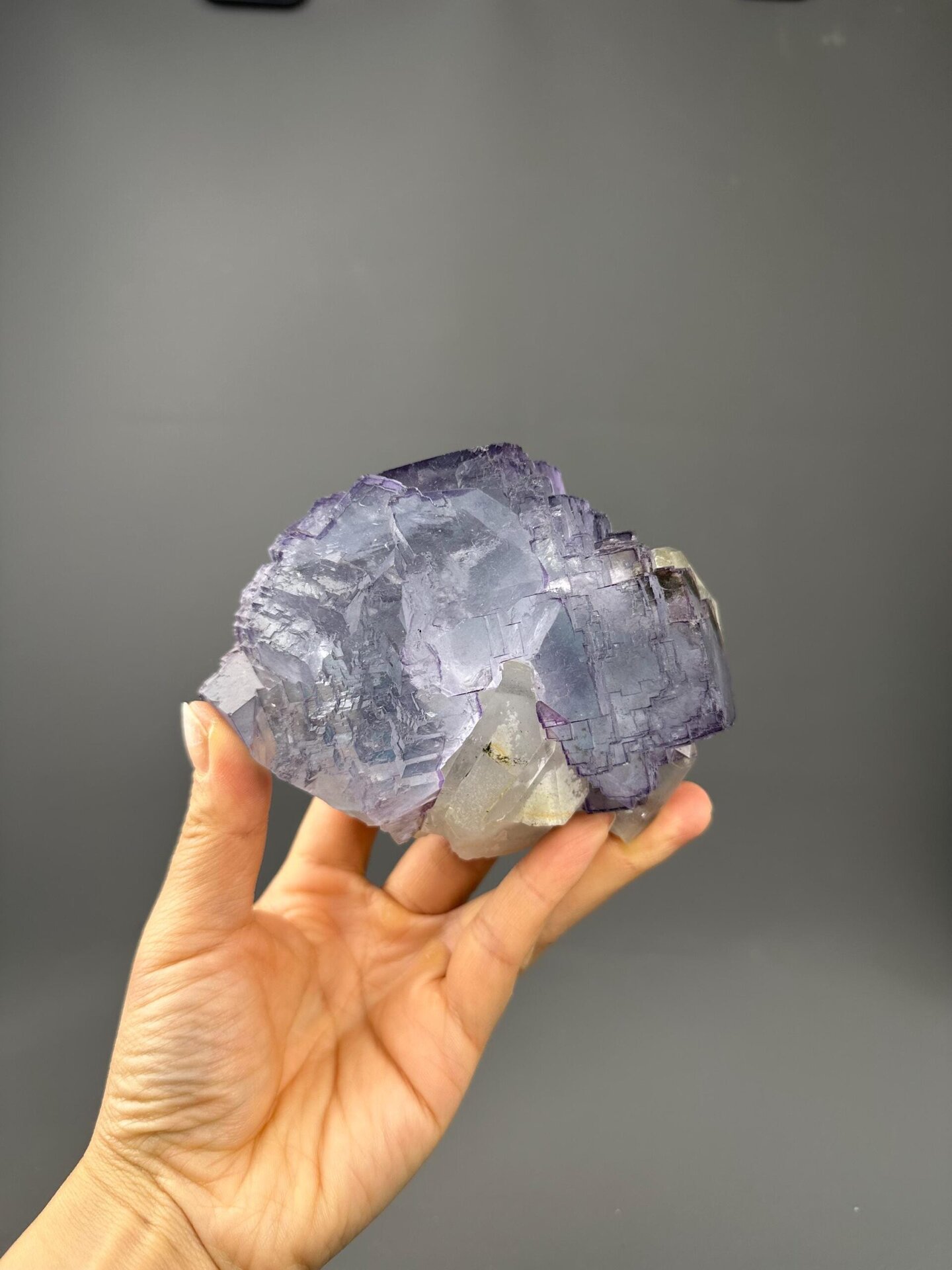 Side view of museum fluorite twin Yaogangxian