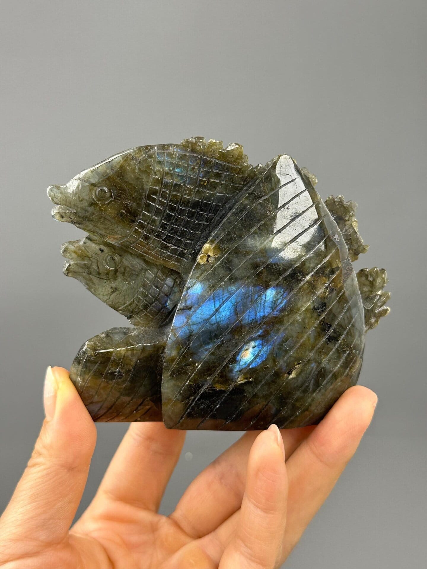 Labradorite carved ocean wave sculpture front view