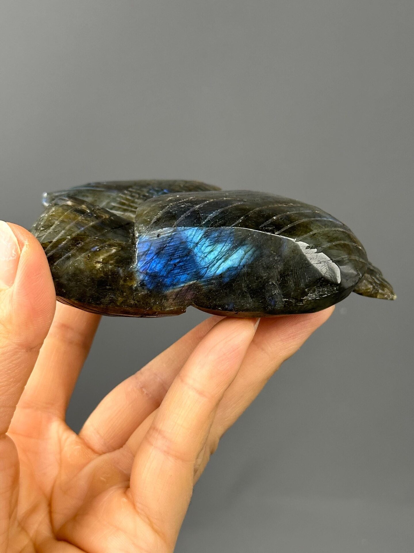 Labradorite carved ocean sculpture scale reference