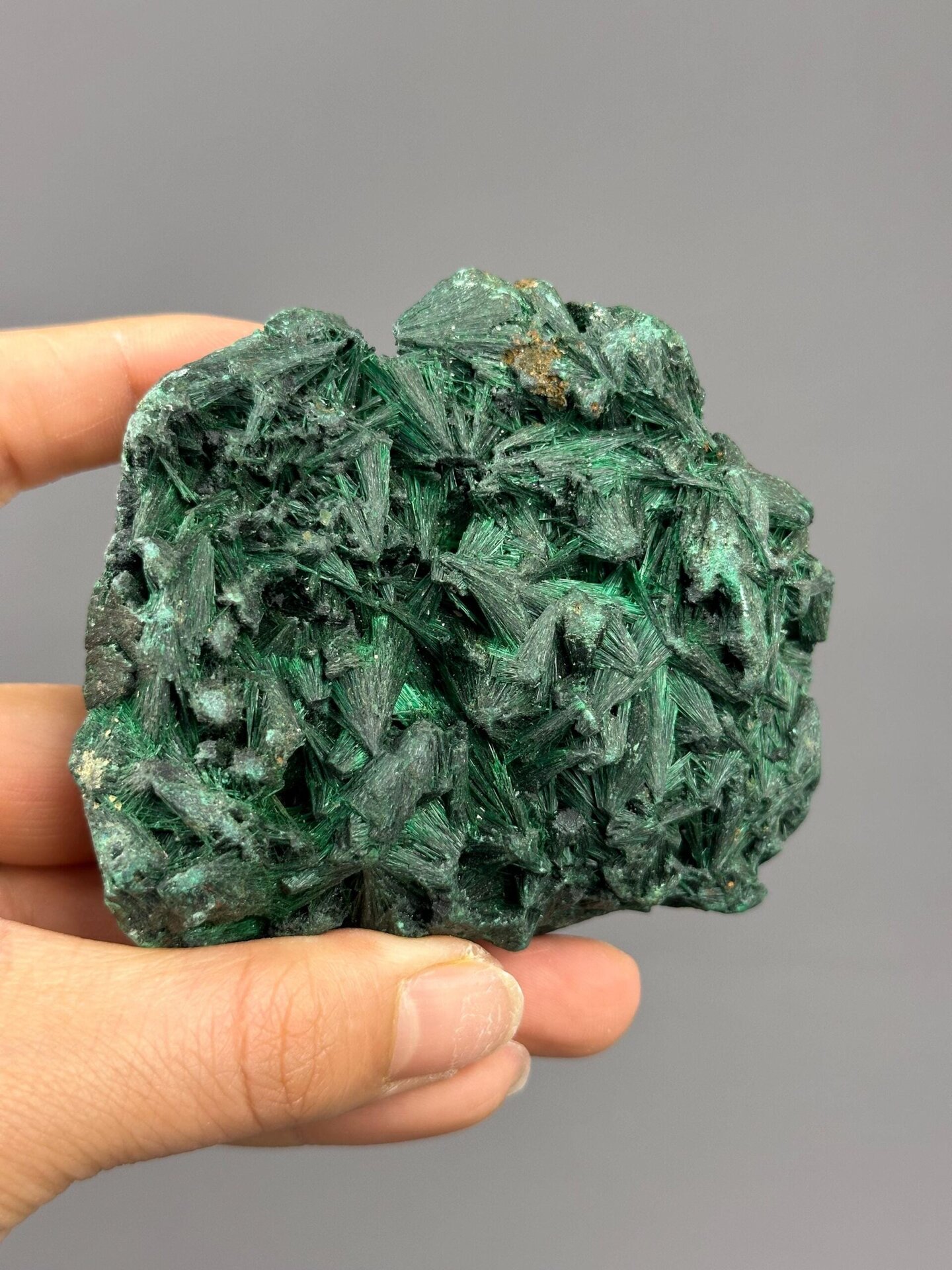 Side view of malachite needle cluster specimen
