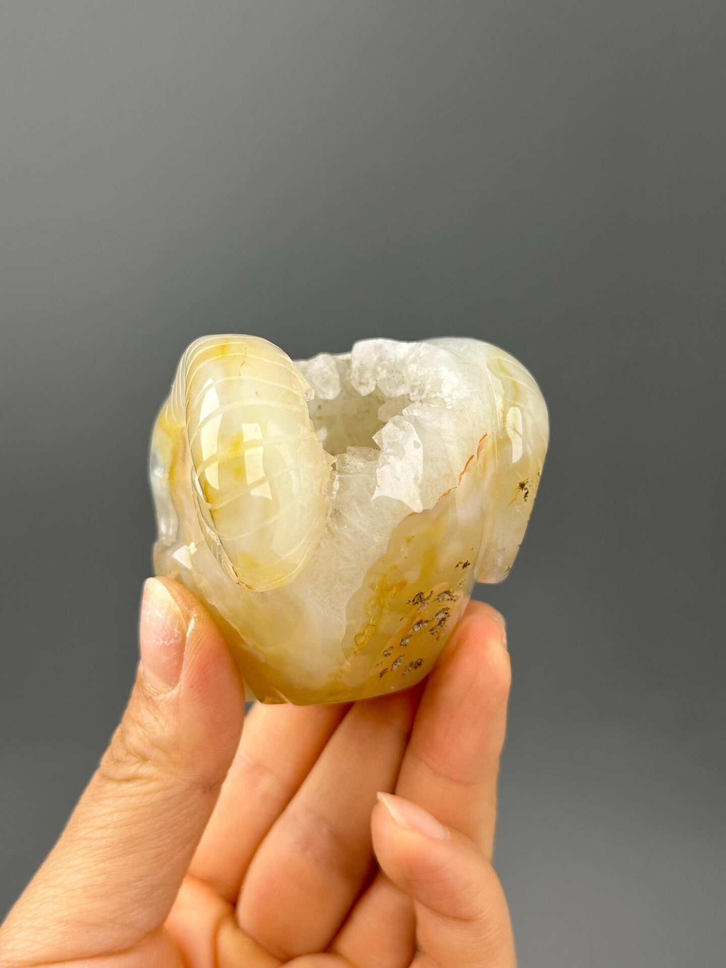 Agate skull with sugar quartz geode cavity