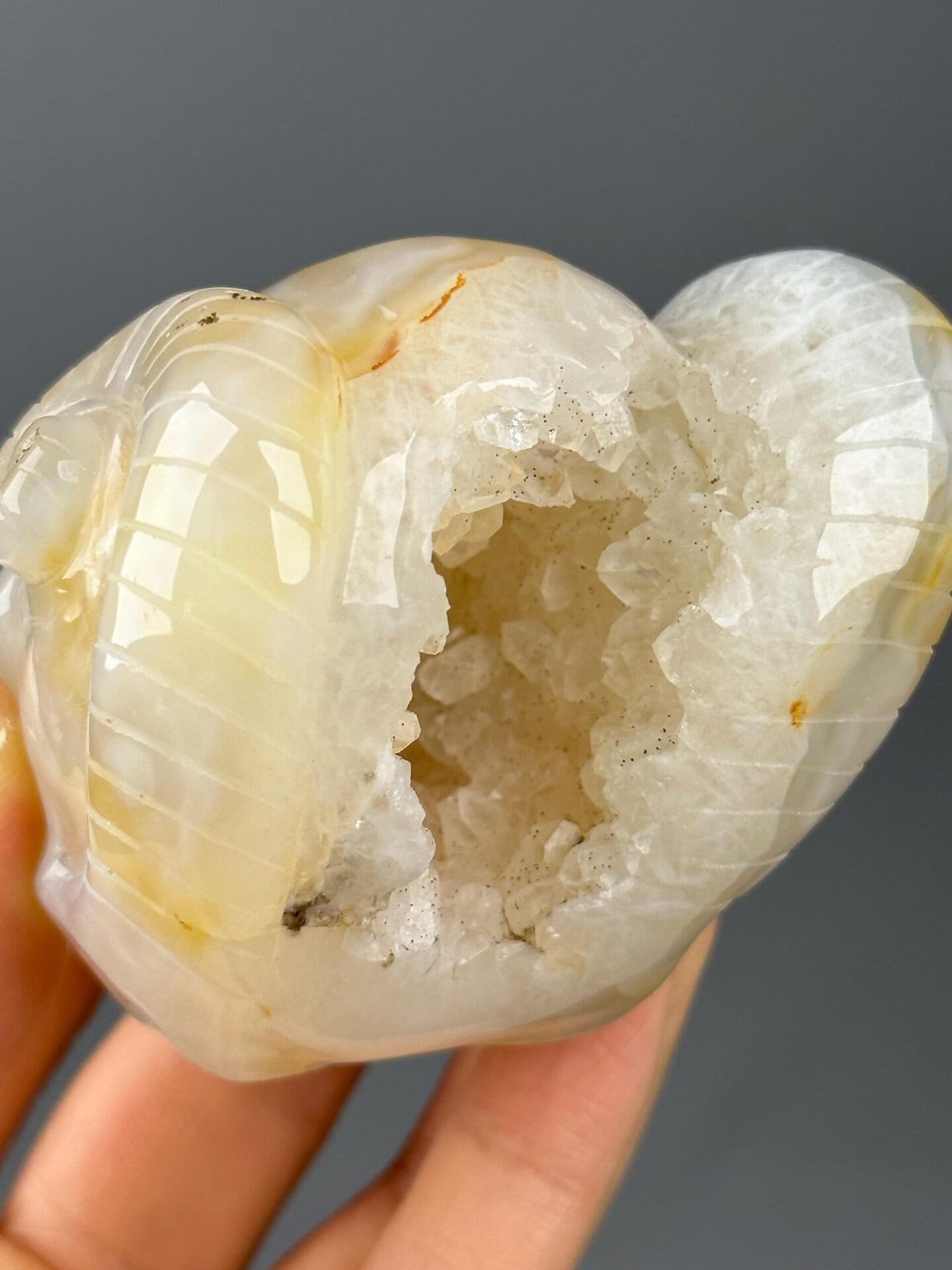 Side profile of agate crystal skull carving