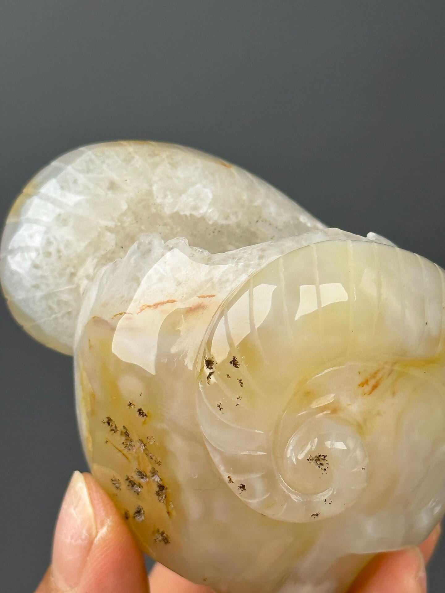Top view of carved agate skull geode opening