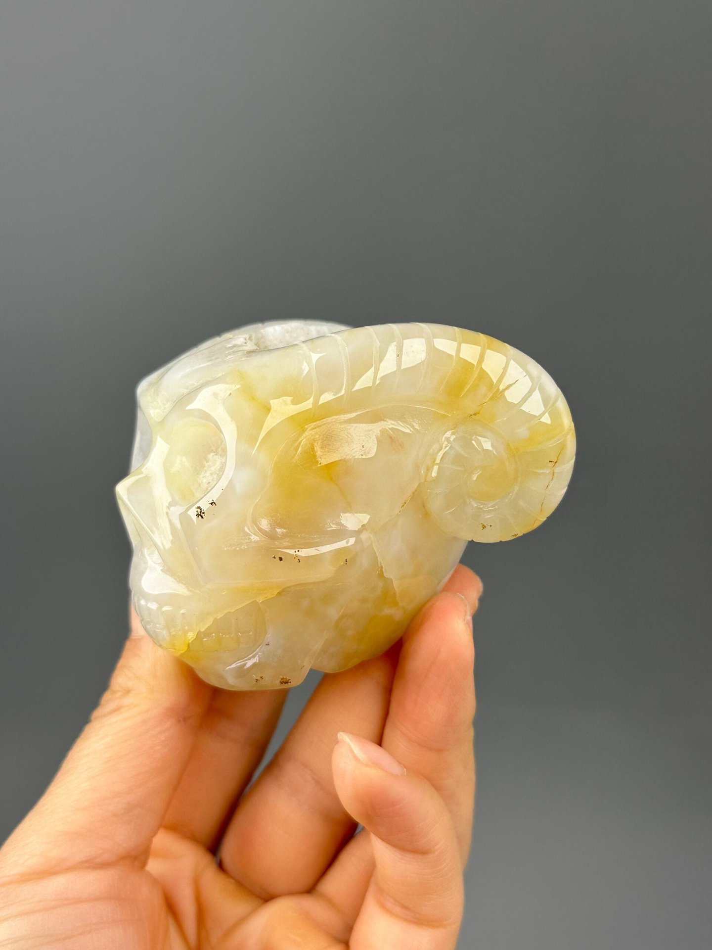 Hand-carved agate crystal skull from Brazil