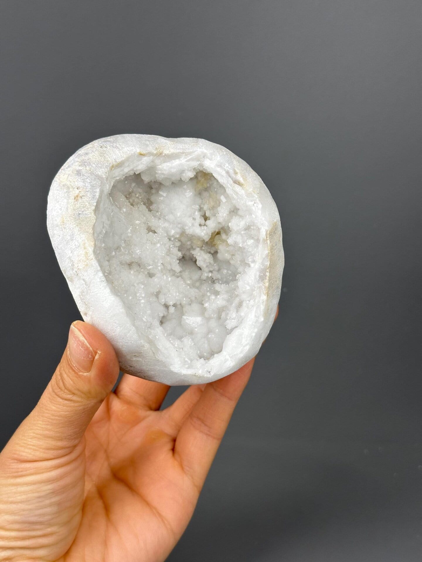 Interior druzy crystal lining of large quartz geode