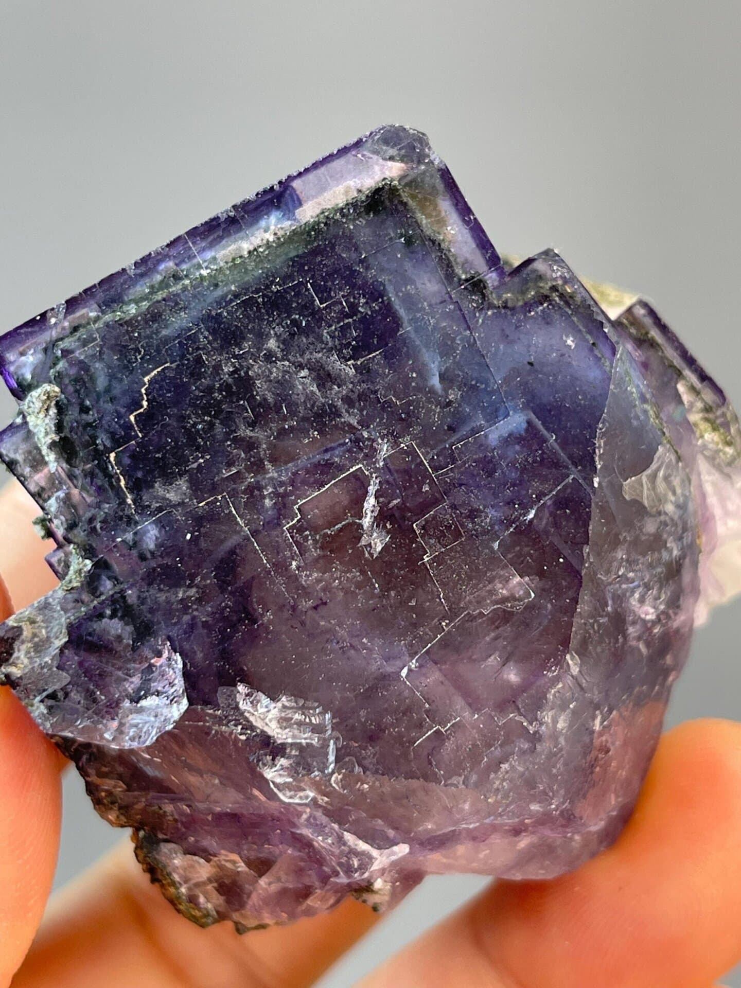 Twin fluorite crystal angles under studio lighting