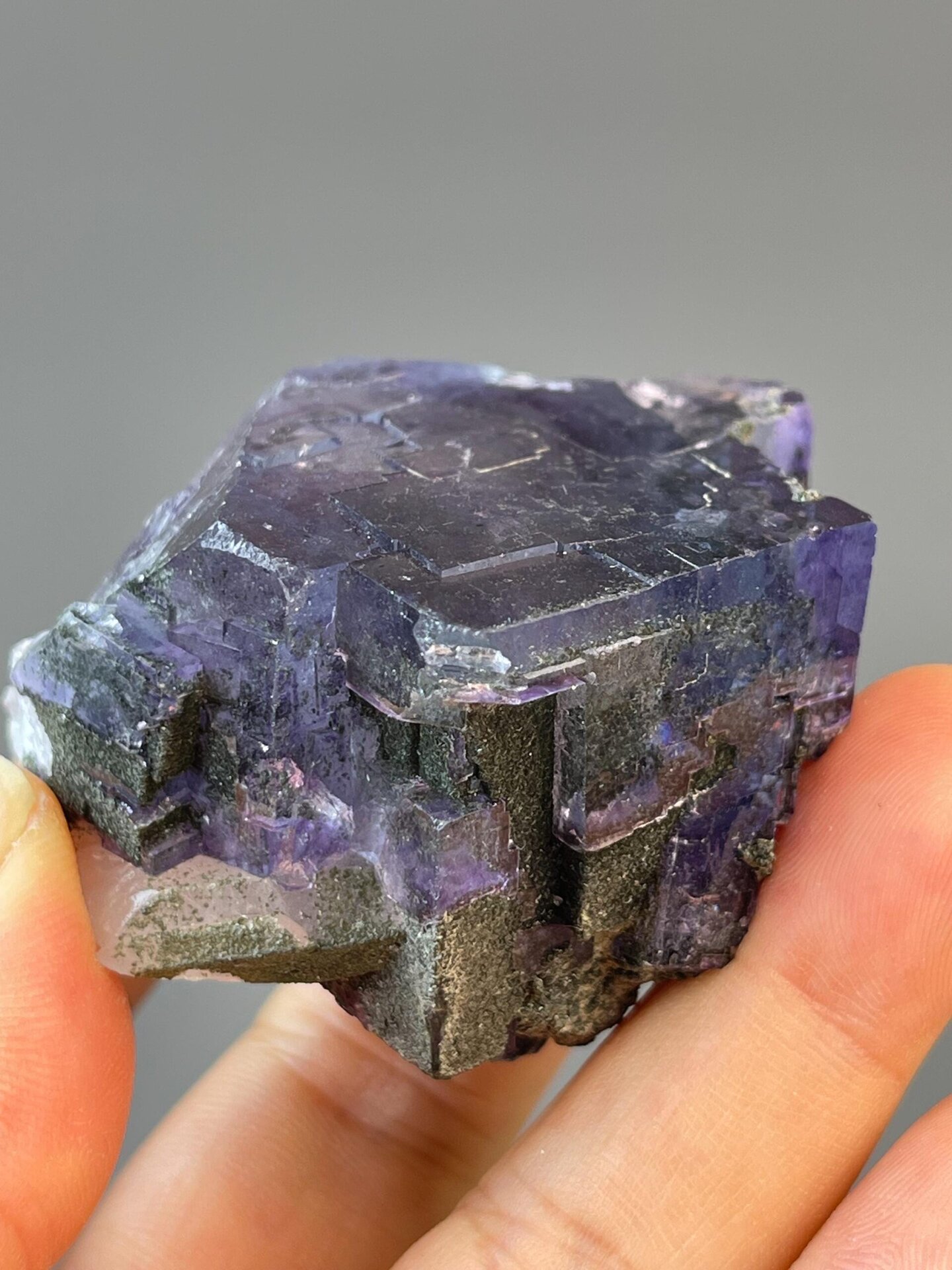 Back view of twin fluorite crystal specimen