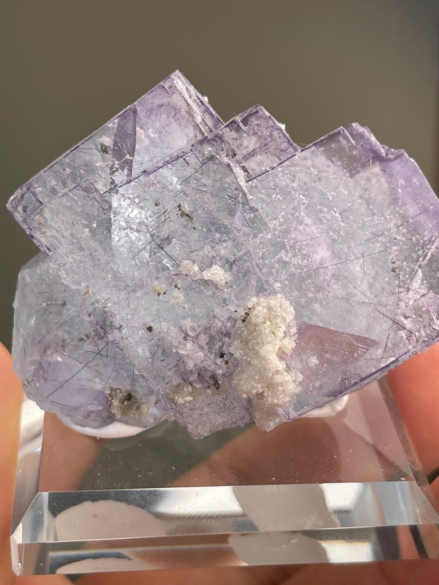 Stepped fluorite with needles measuring 2.2×1.7×1.4 inches
