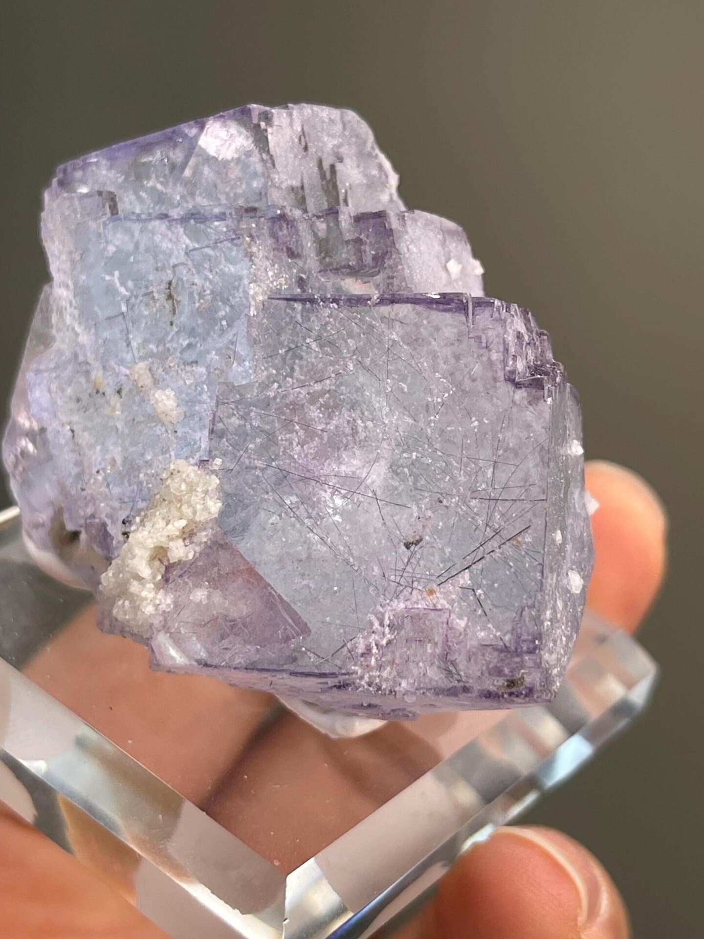 Fluorite with stepped cubic formation and metallic needle crystals