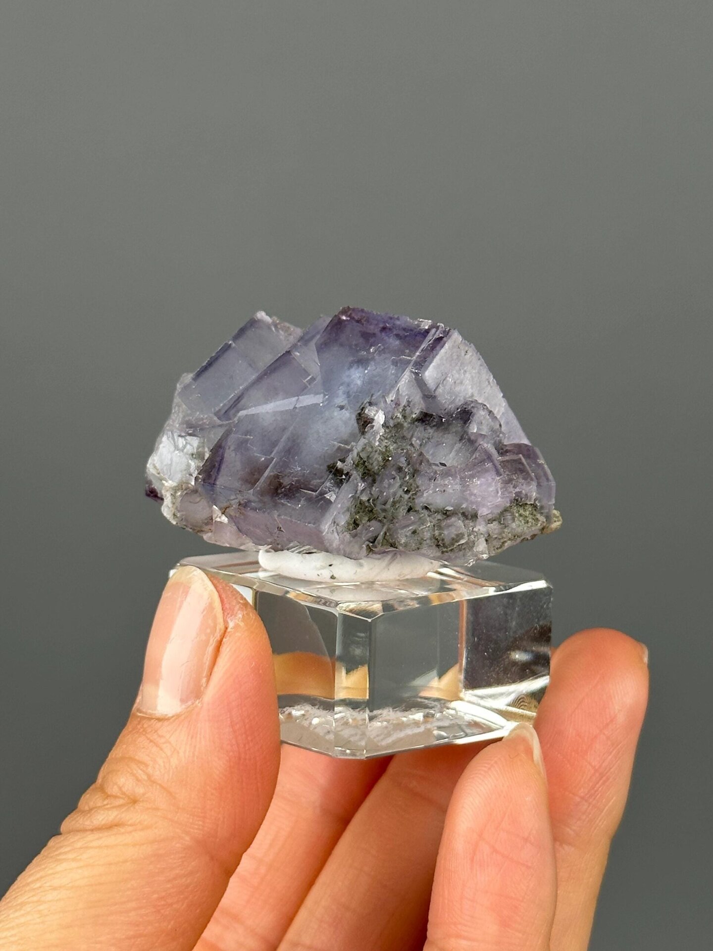 Pyrite inclusions in purple fluorite twin close-up