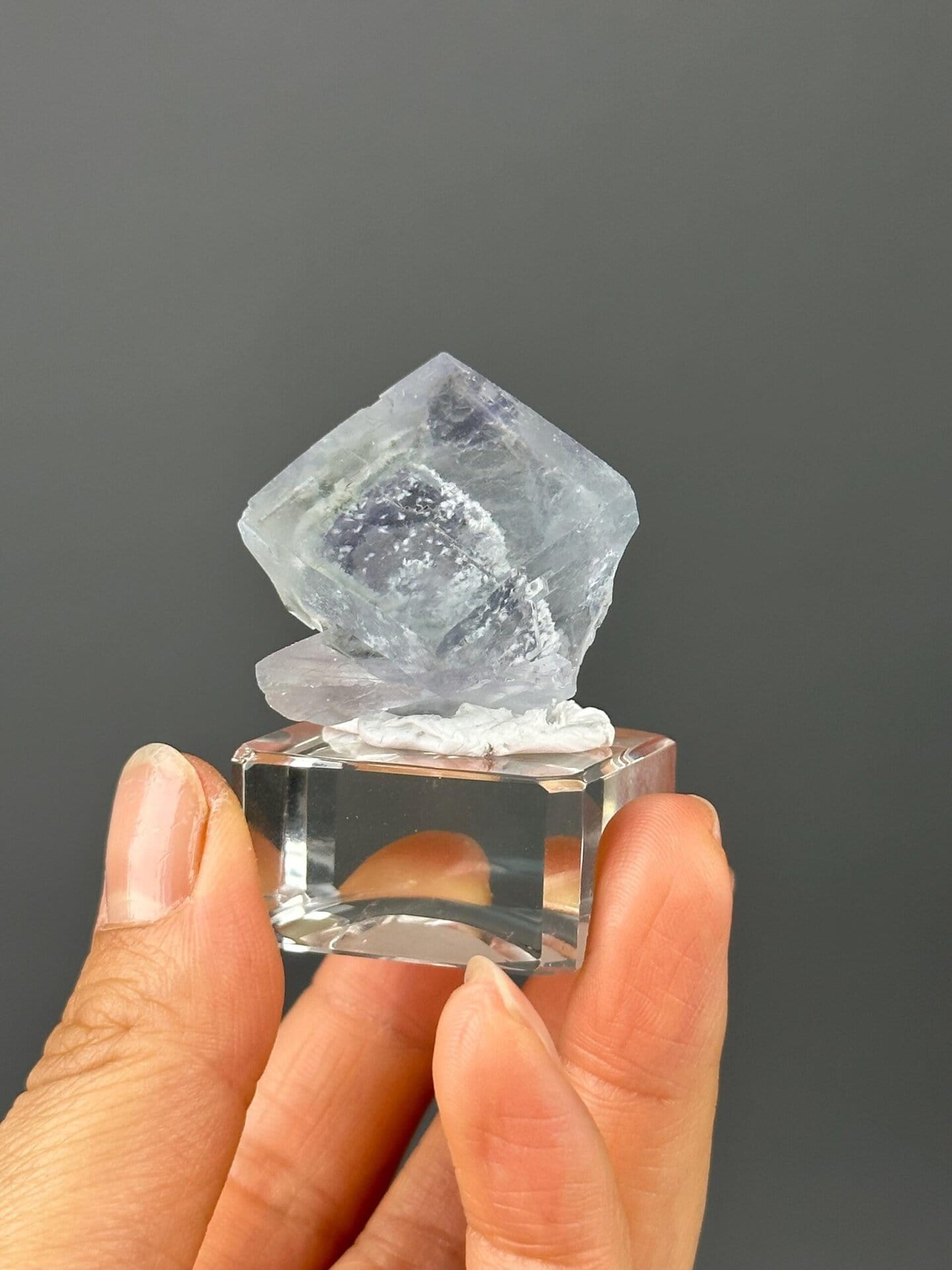 Light blue twin fluorite overhead top-down view