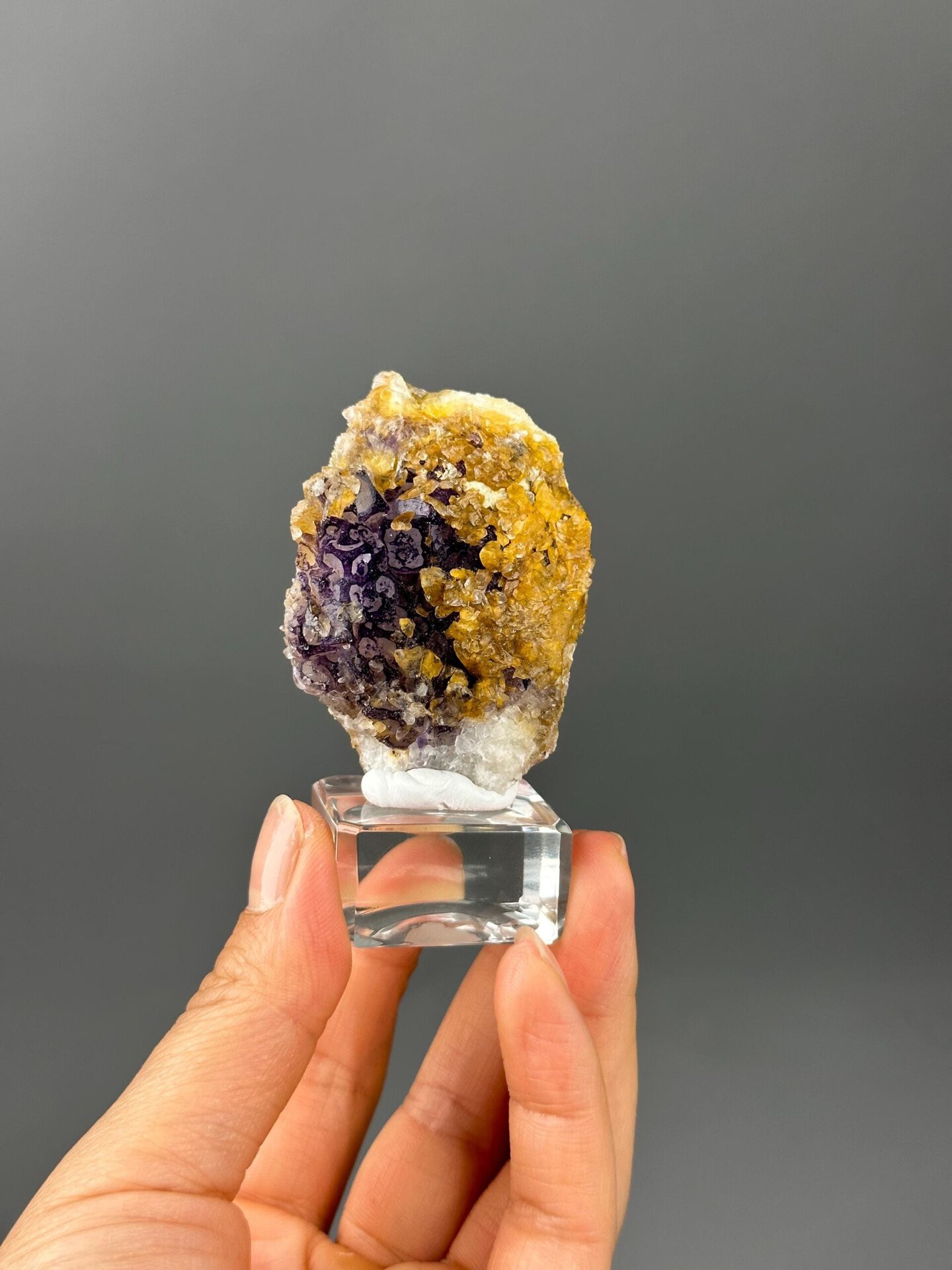 Golden calcite crystals alongside purple fluorite cubes