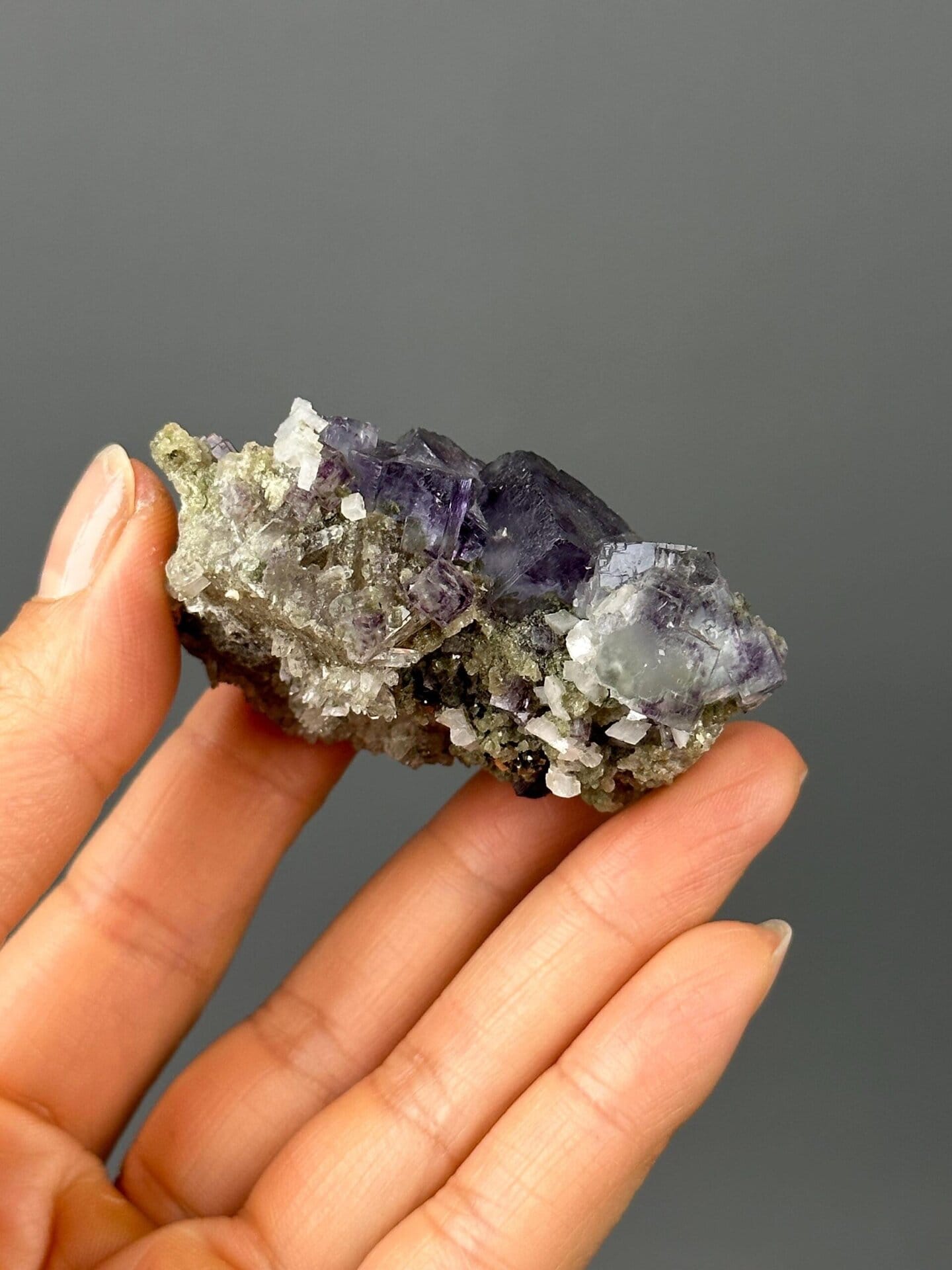 Top view of purple fluorite on dolomite
