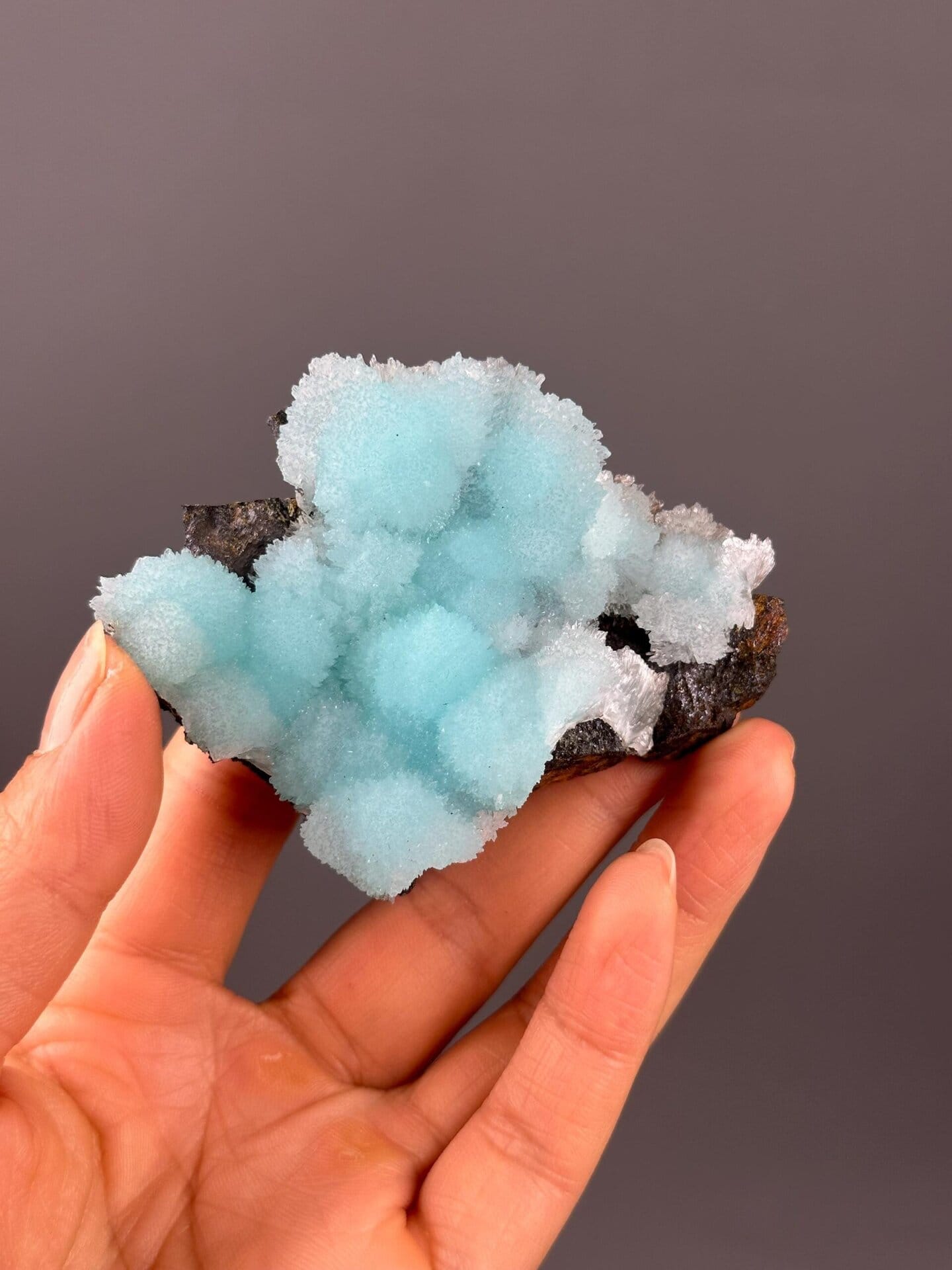 Close-up of delicate blue aragonite crystal formations