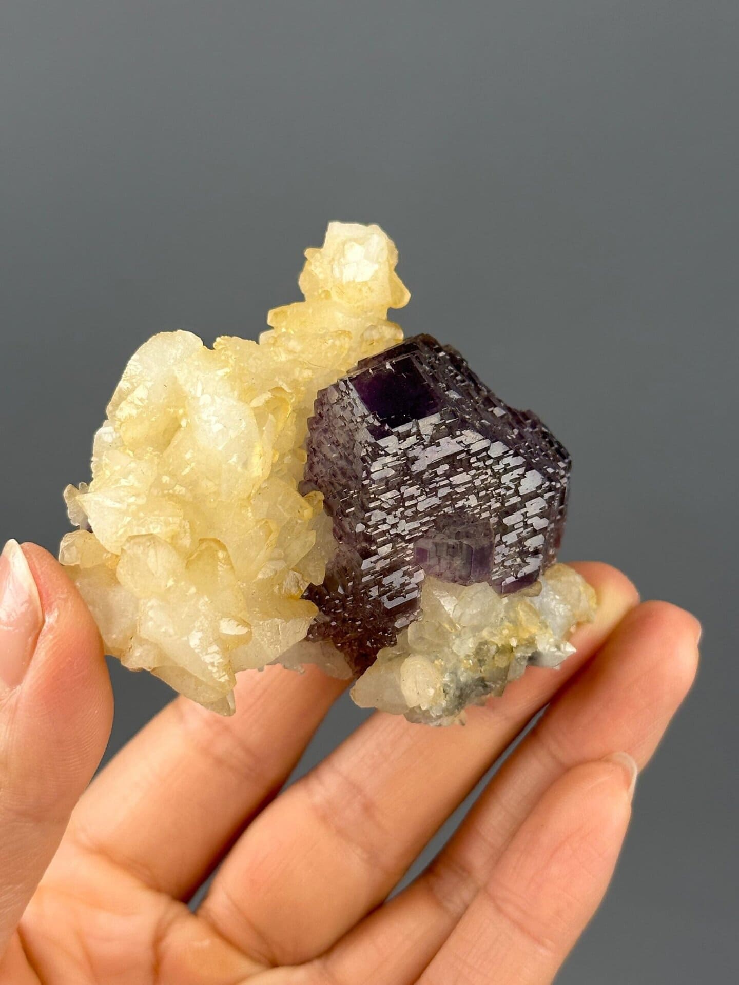 Top view of etched purple fluorite crystal arrangement